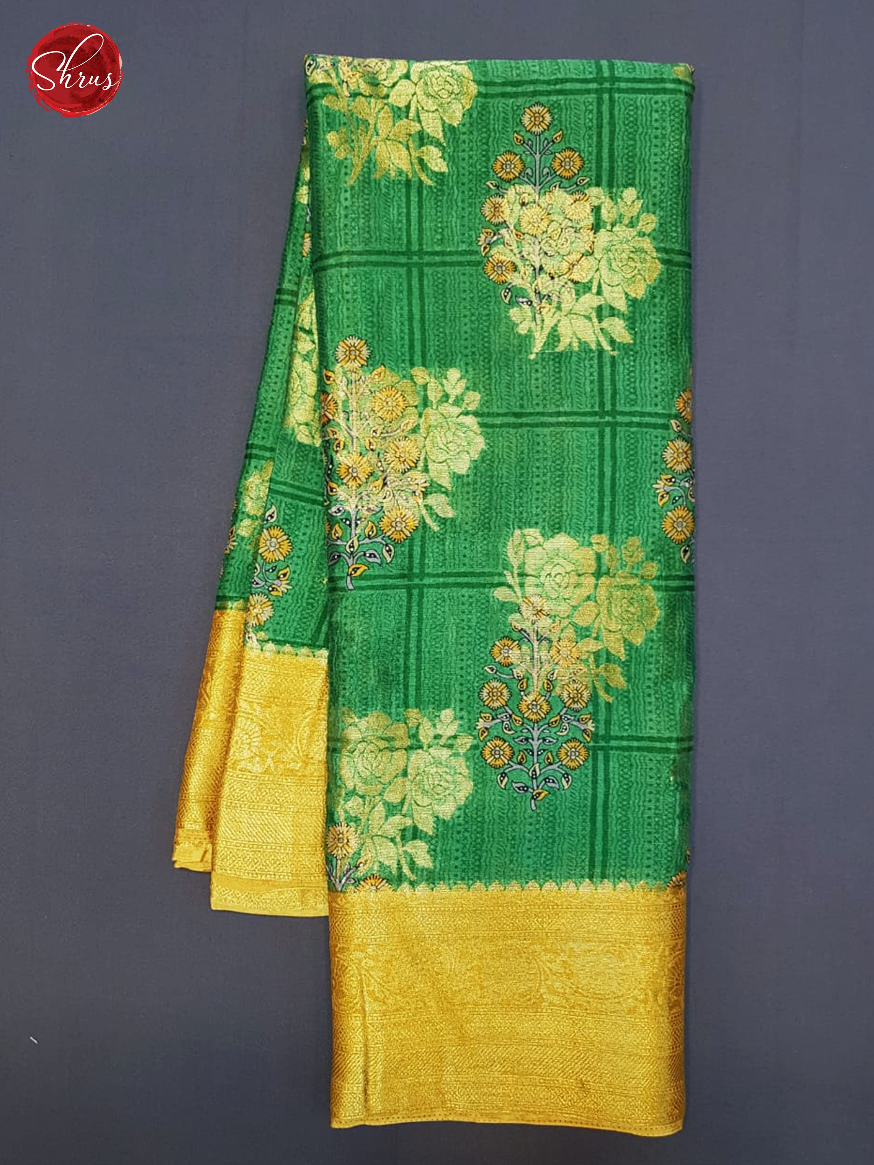 Green & Yellow - Semi Chiffon with Zari woven floral motifs , print on the body& Contrast Zari Border - Shop on ShrusEternity.com