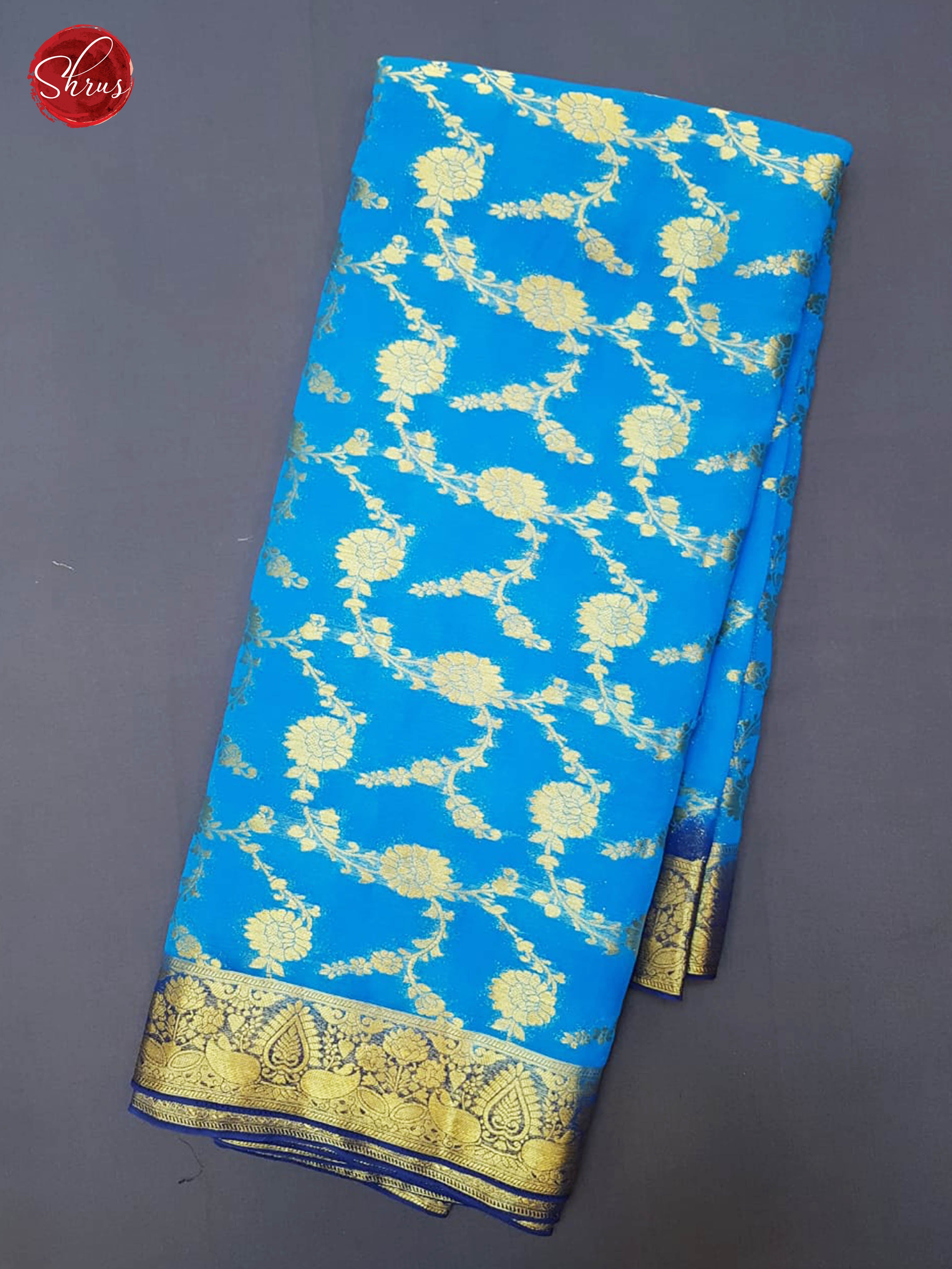 Sky Blue & Blue - Semi Chiffon  with zari woven floral brocade on the body& Contrast zari Border - Shop on ShrusEternity.com