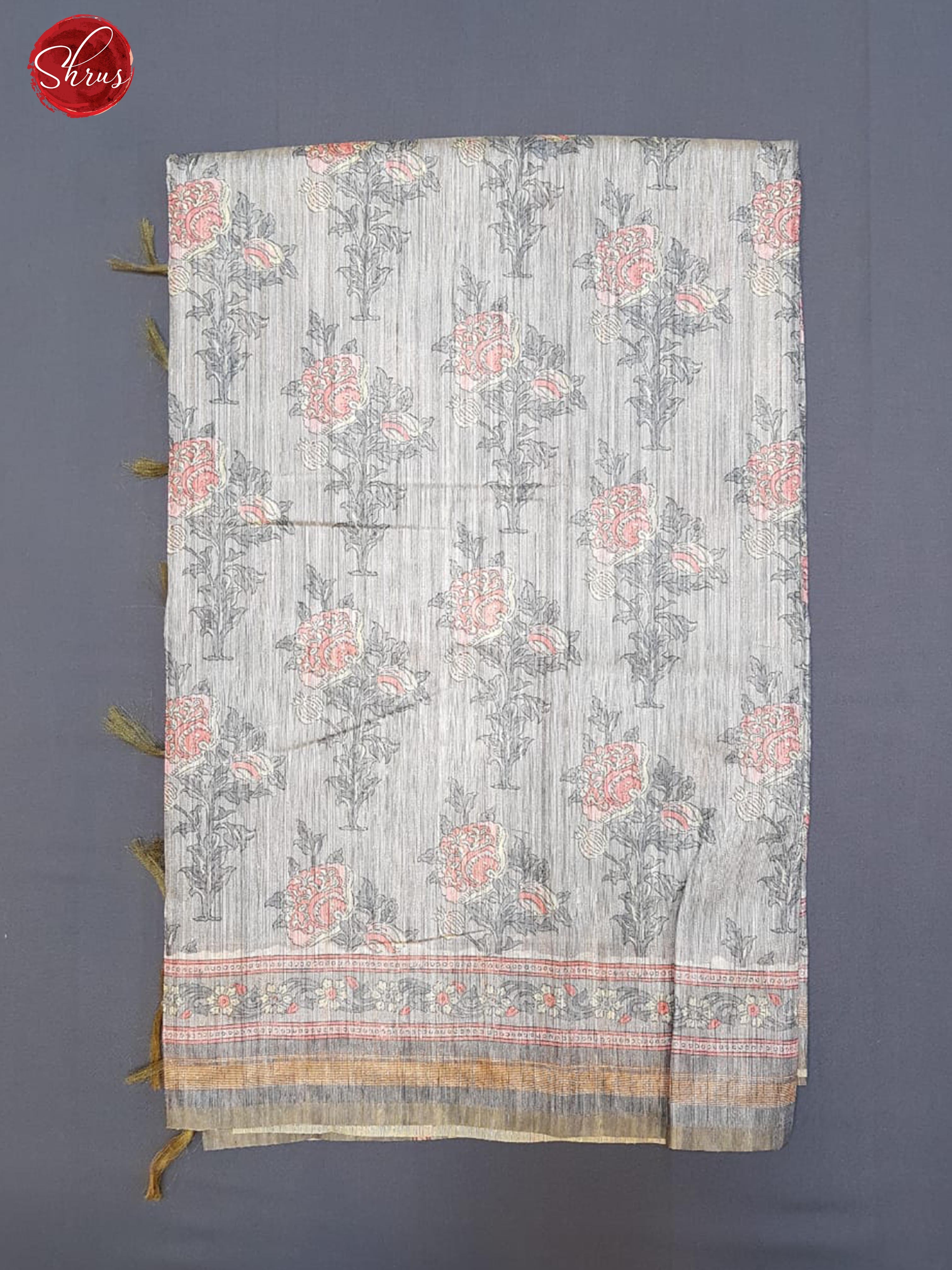 Grey & Pink- Semi Tussar with floral print on the body & Border - Shop on ShrusEternity.com