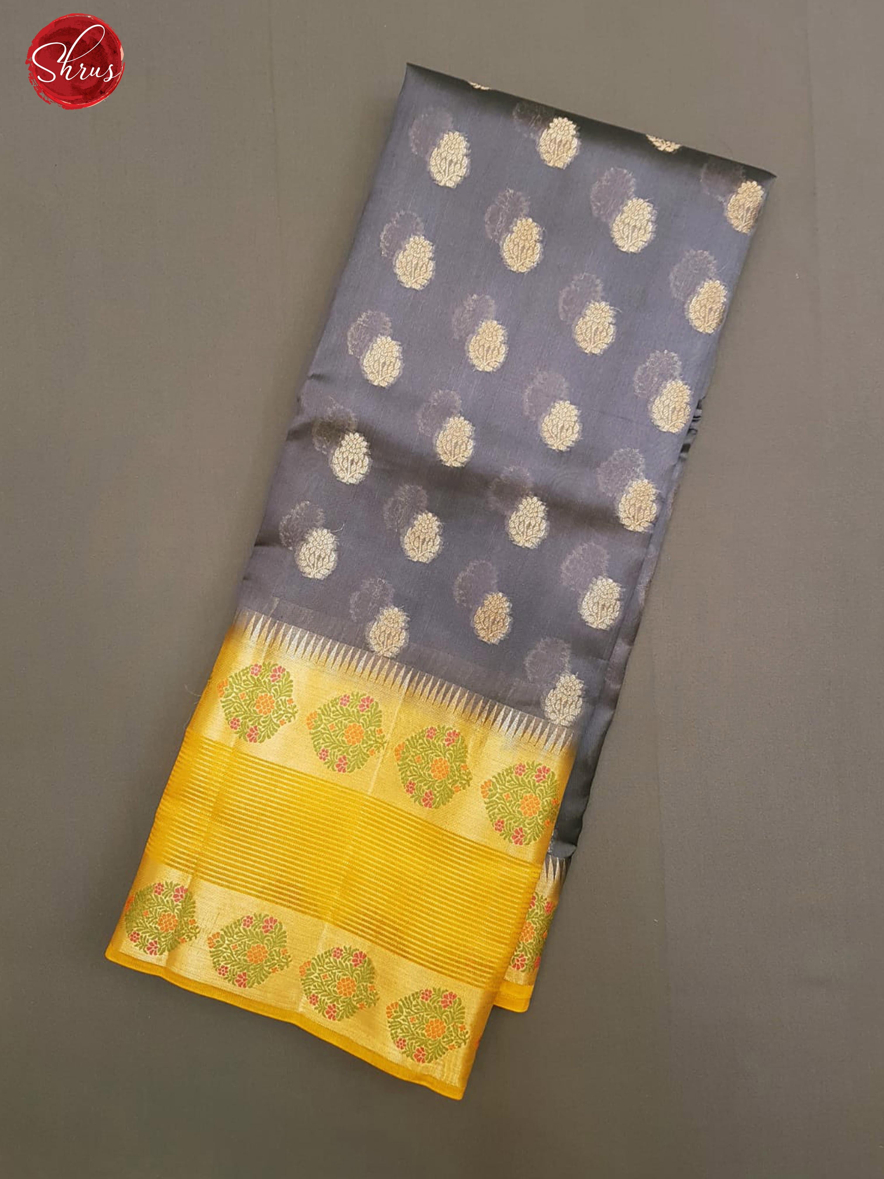 Grey & Yellow- Chiniya Silk with zari woven floral buttas on the body & Contrast Border - Shop on ShrusEternity.com