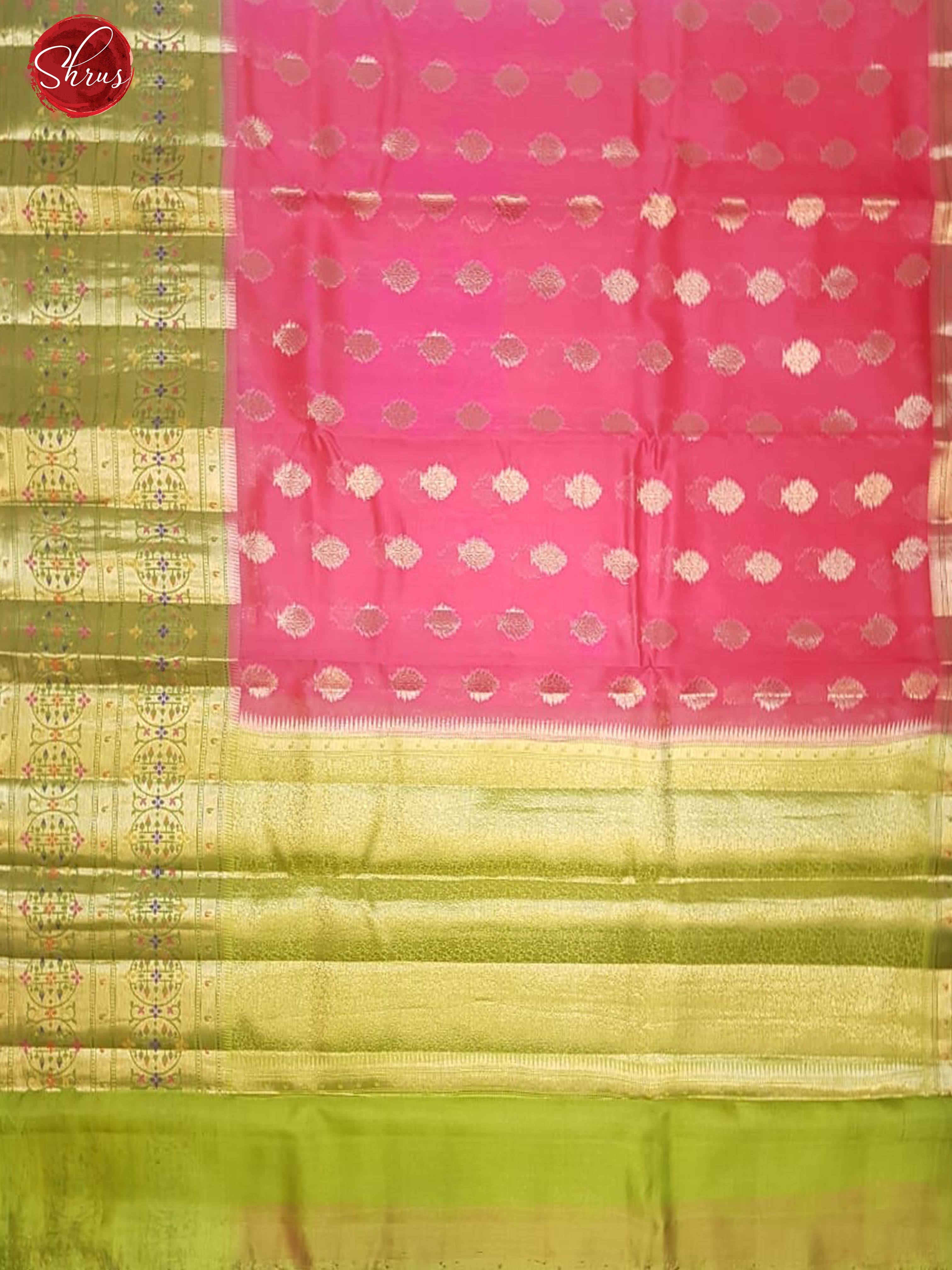 Pink & Green - Chiniya Silk with zari woven floral buttas on the body& Contrast Zari Border - Shop on ShrusEternity.com
