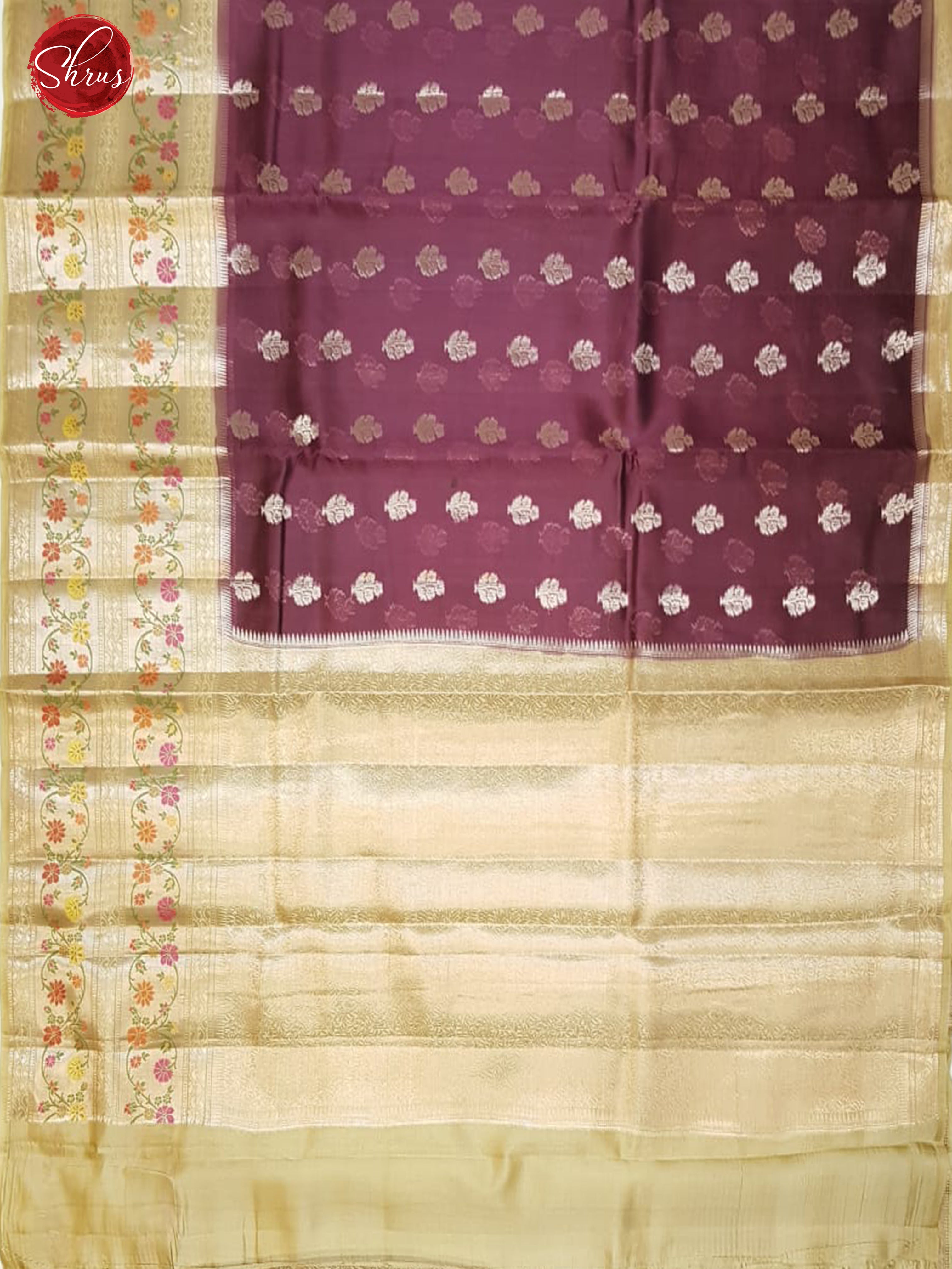 Wine & Dull Gold - Chiniya Silk with zari woven floral buttas on the body & Zari Border - Shop on ShrusEternity.com