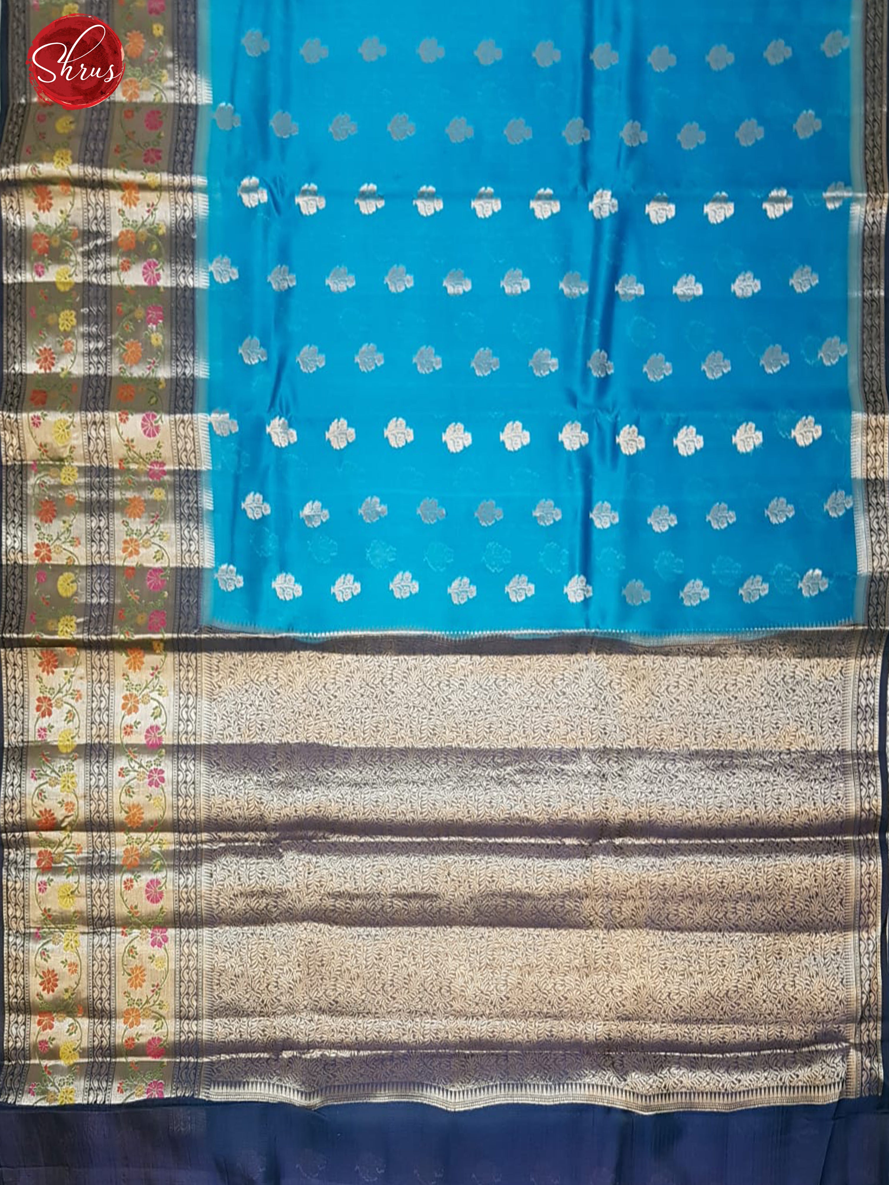 Teal & Navy Blue - Chiniya Silk with zari woven floral buttas on the body & Contrast Zari Border - Shop on ShrusEternity.com