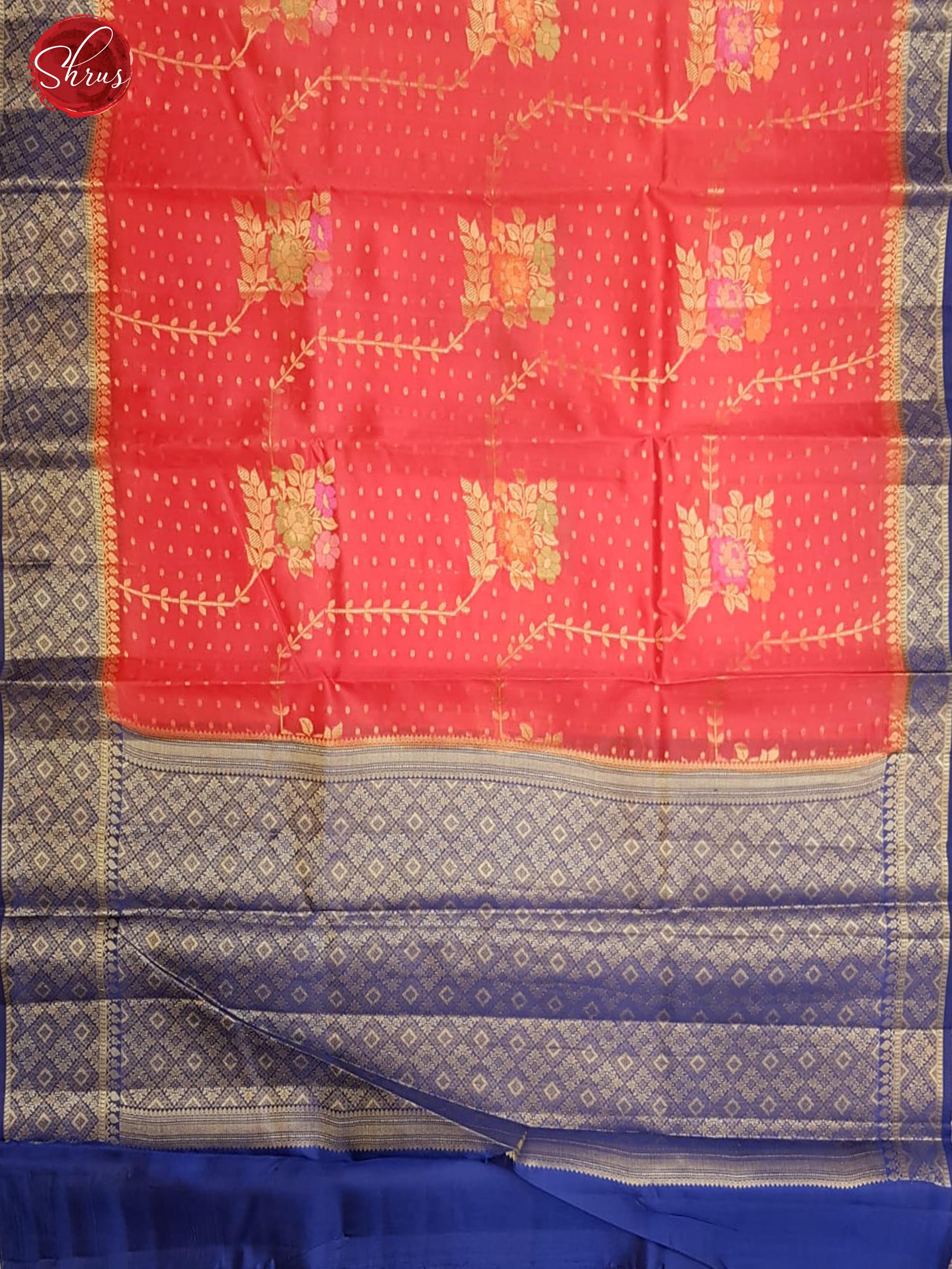 Orange & Blue - Chiniya Silk with zari woven buttas , motifs on the body & Contrast Zari Border - Shop on ShrusEternity.com