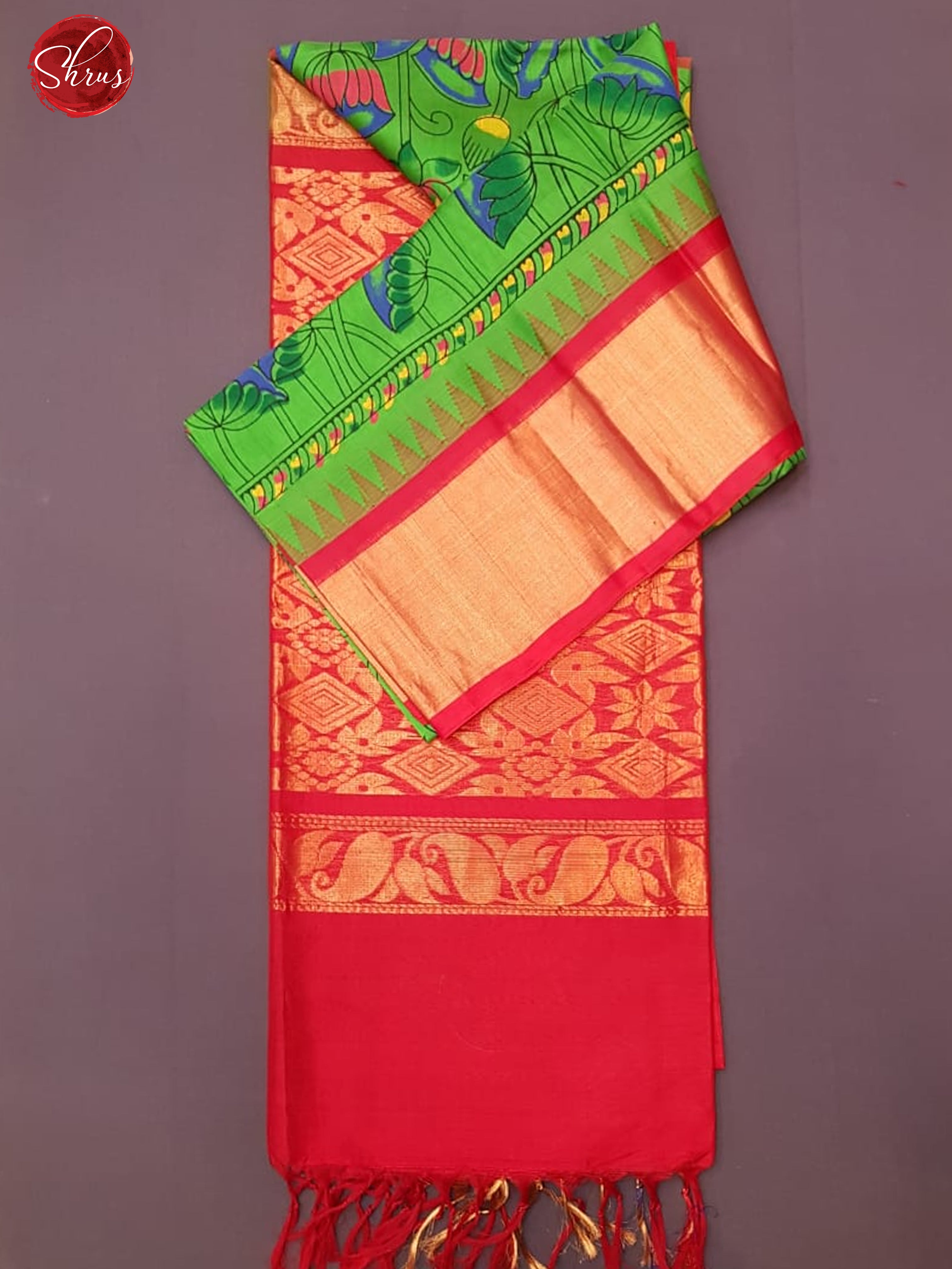 Green and Red - Silk Cotton with Kalamkari floral print on the body & Contrast Zari Borde - Shop on ShrusEternity.com