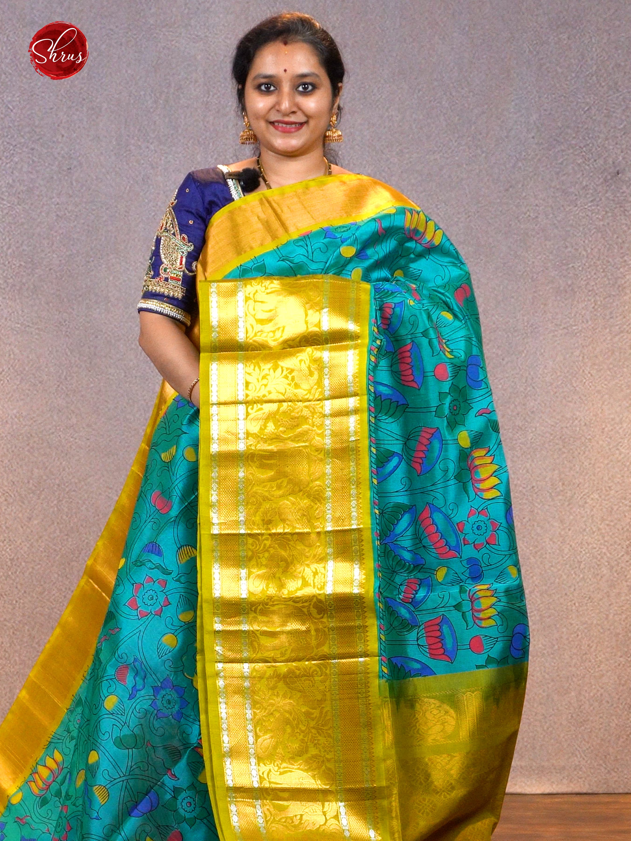 Blue & Green - Silk Cotton with Kalamkari Print on the body& Zari Border - Shop on ShrusEternity.com
