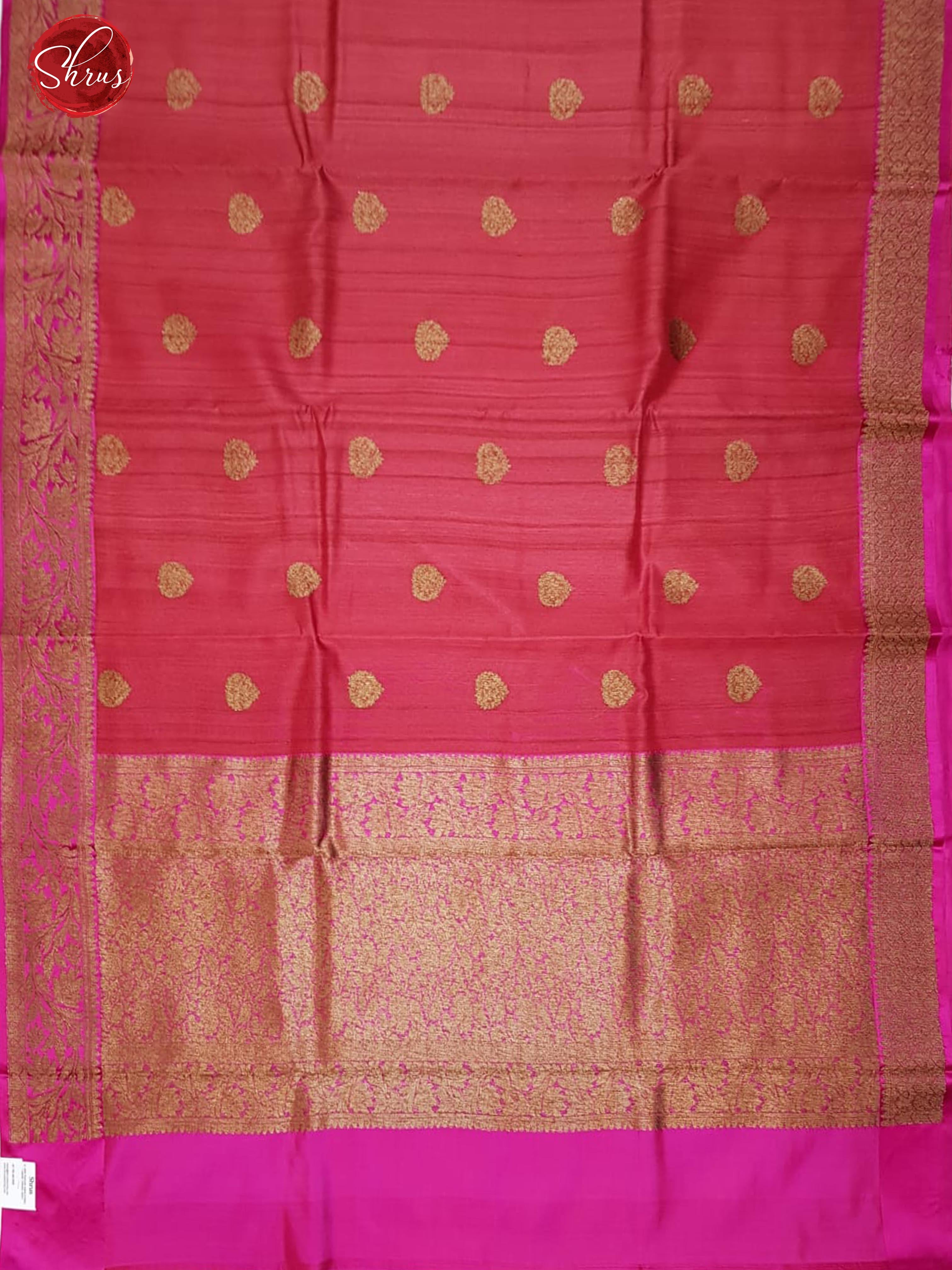 Orangish Pink & Candy Pink - Dupion Silk with Subtlr Gold zari motifs & Benaras borders - Shop on ShrusEternity.com