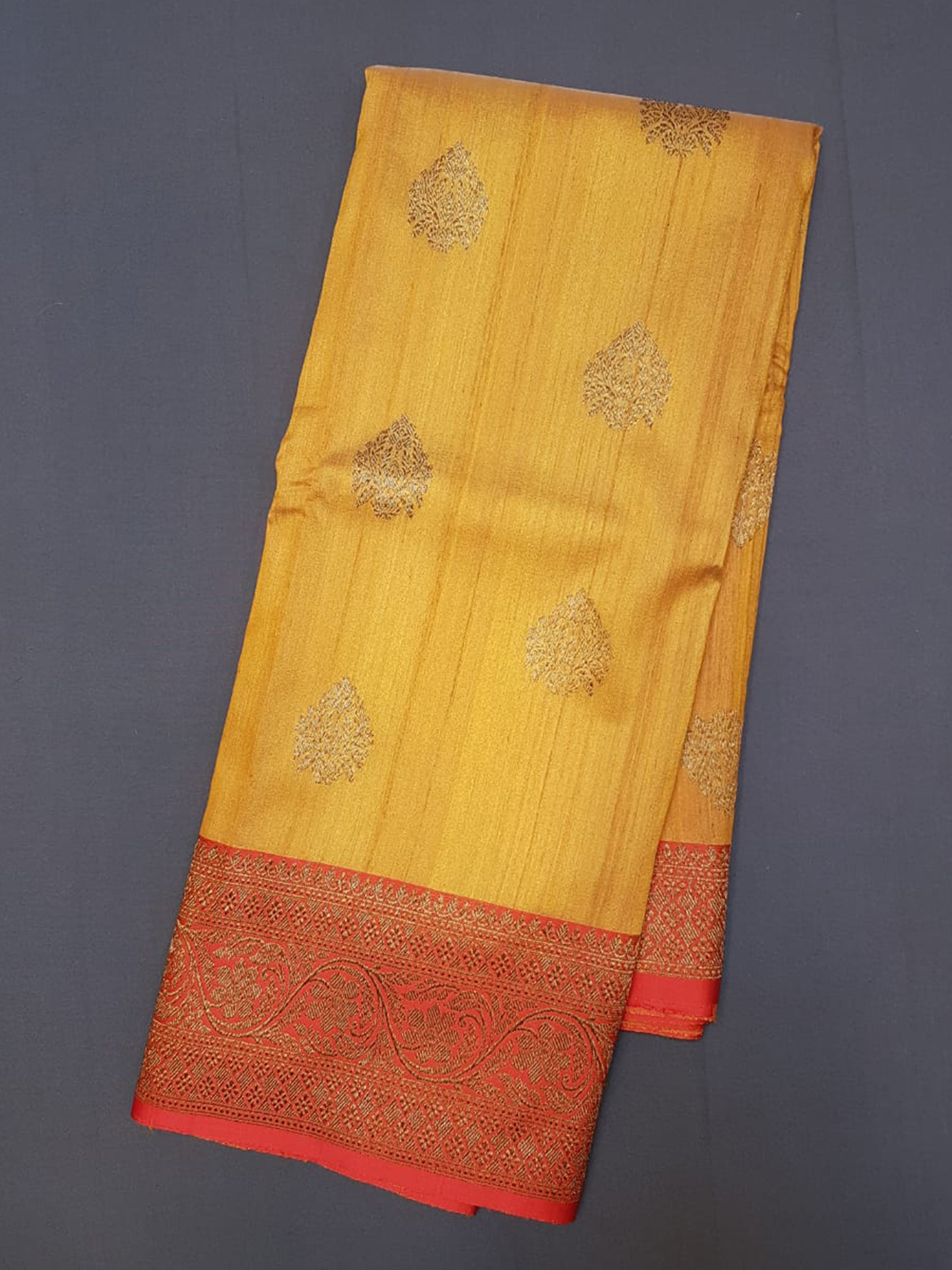 Yellow & Red - Banarasi Dupion with Zari woven floral motif son the body & Contrast Zari Border - Shop on ShrusEternity.com