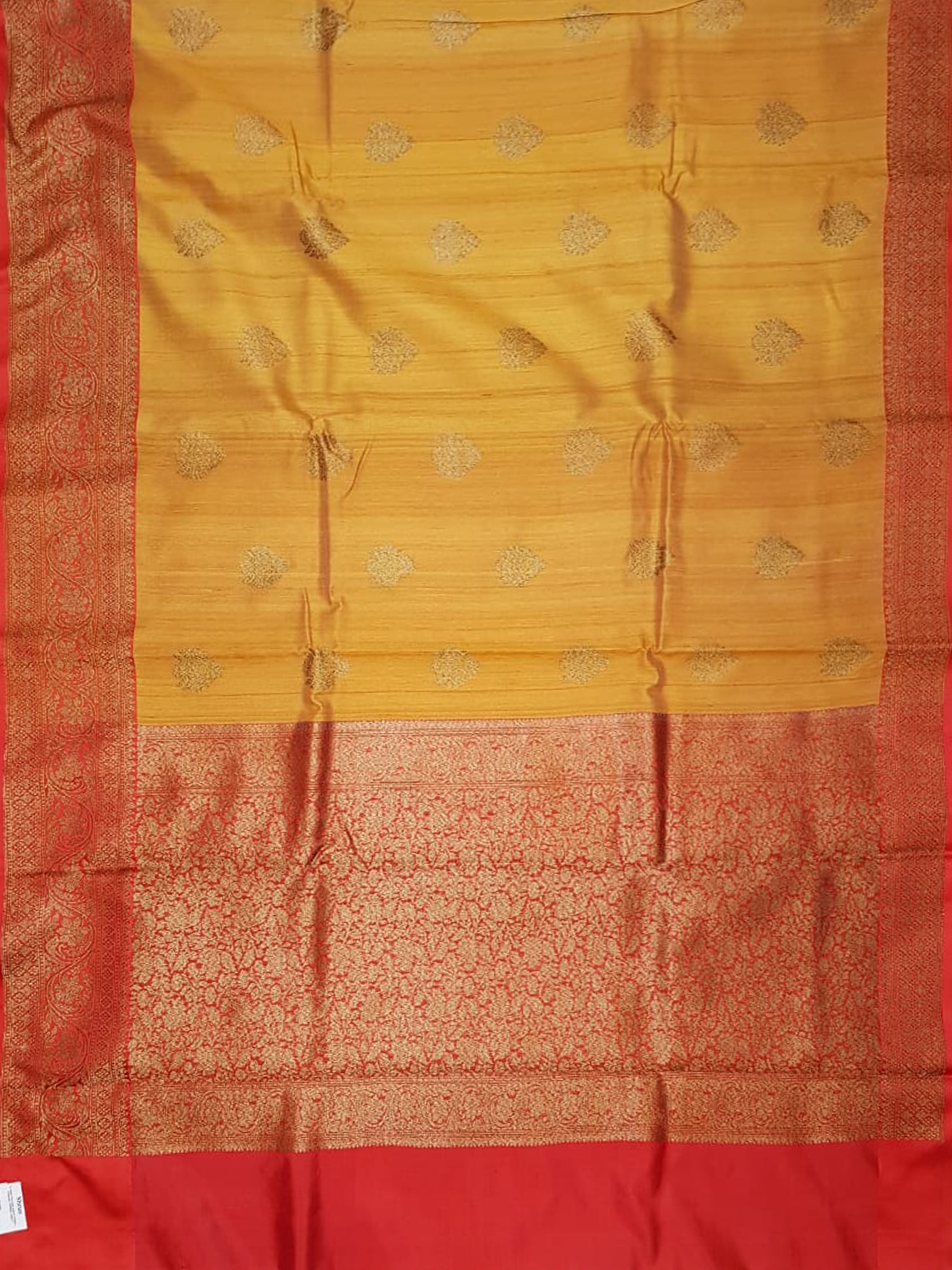 Yellow & Red - Banarasi Dupion with Zari woven floral motif son the body & Contrast Zari Border - Shop on ShrusEternity.com