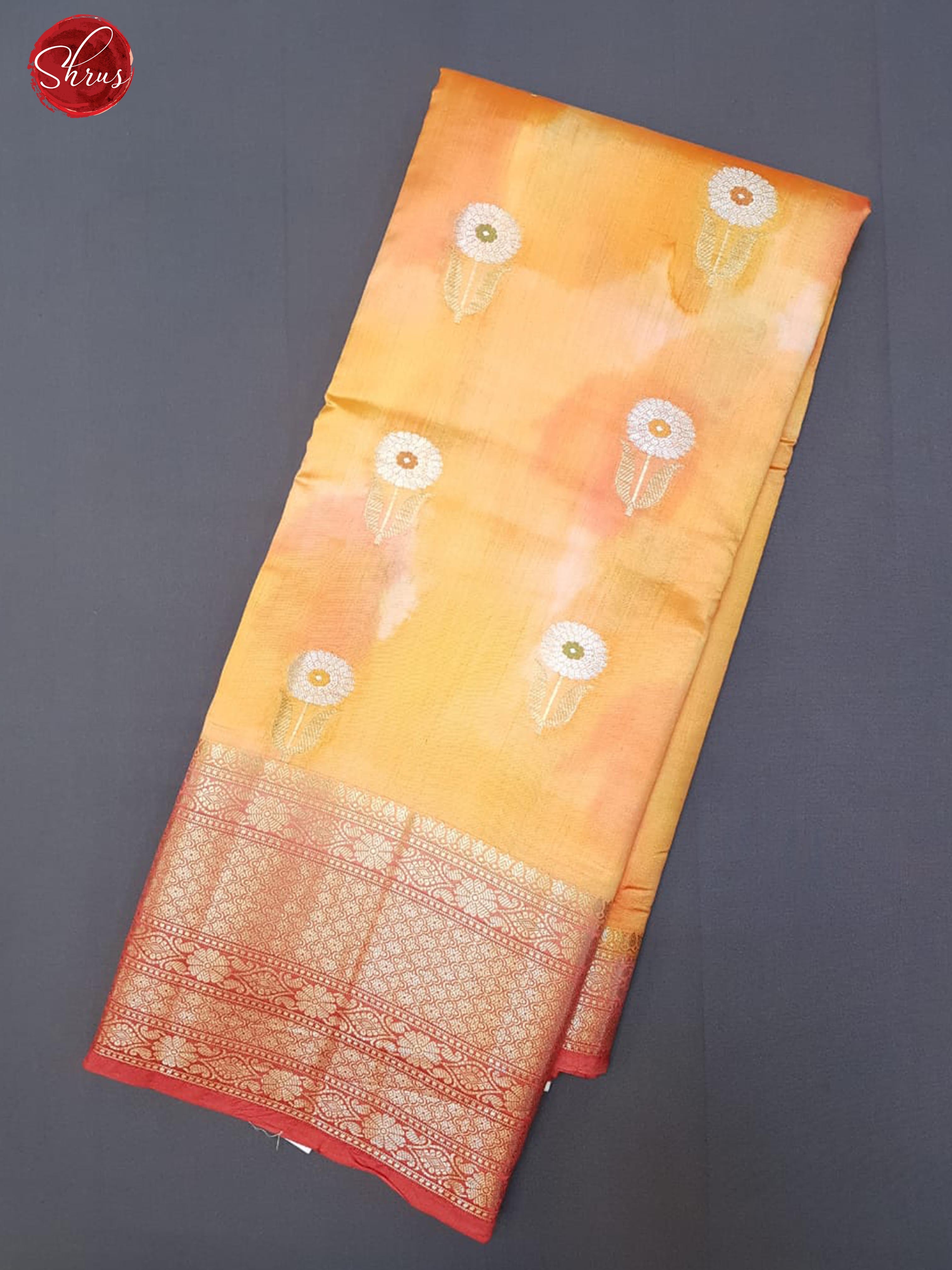 Light Orange & Green - Chiniya Silk with Zari floral buttas on the body& Contrast Zari Border - Shop on ShrusEternity.com