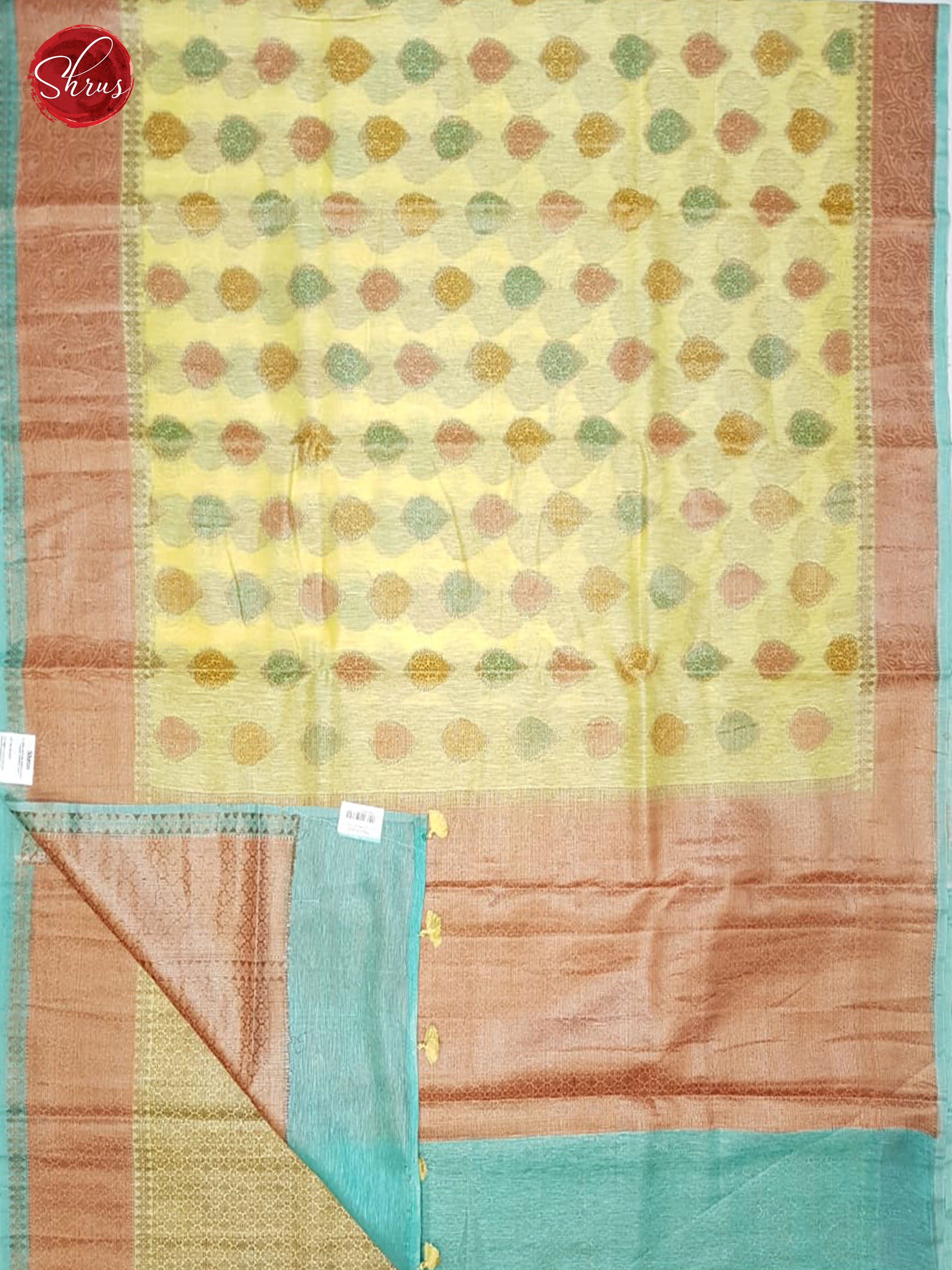 Yellow & Teal - Muslin Silk with Thread woven motifs on the body& Copper Zari Border - Shop on ShrusEternity.com