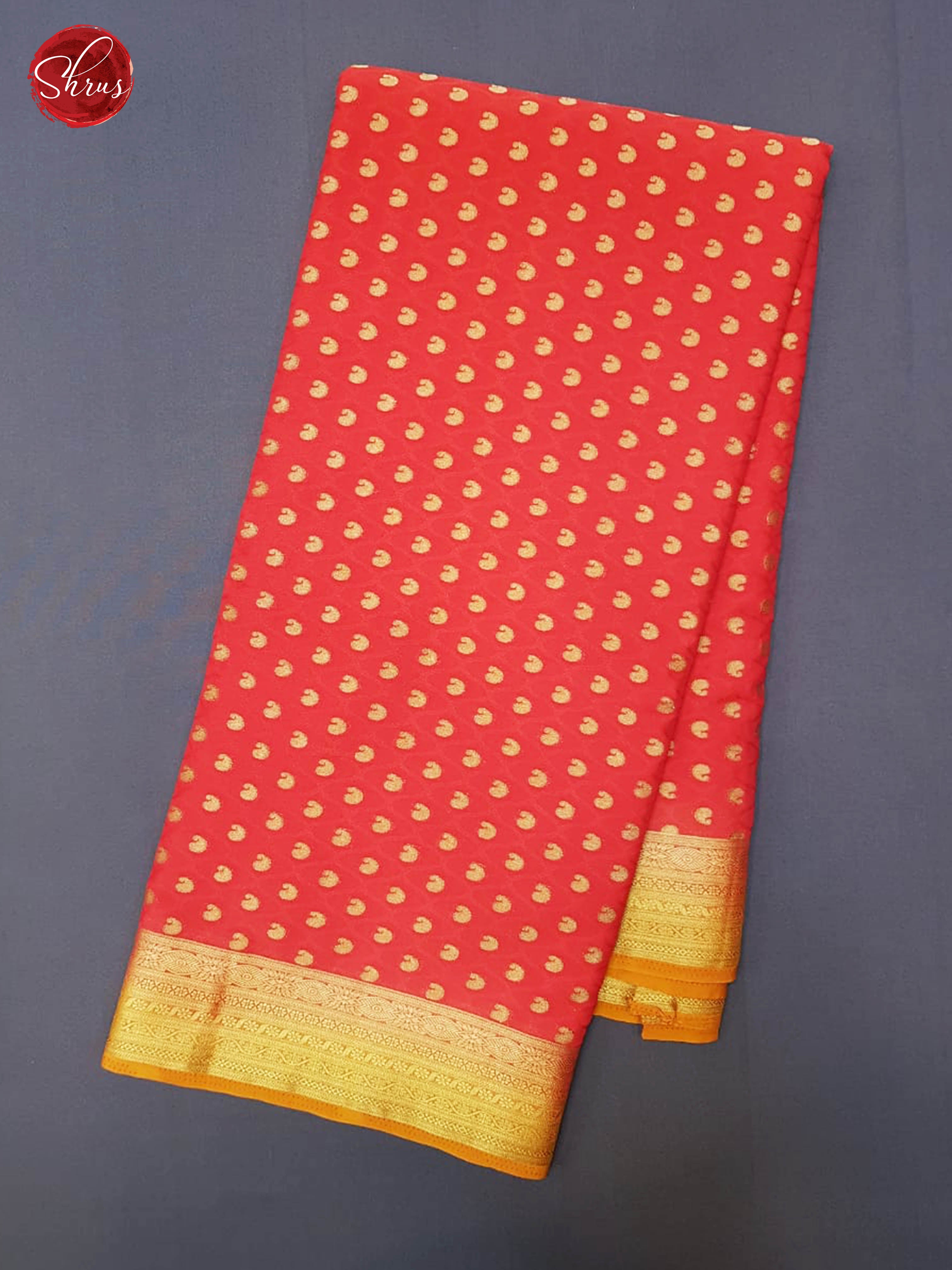 Red & Mustard - Semi Chiffon with Zari woven buttas on the body & Contrast Zari Border - Shop on ShrusEternity.com