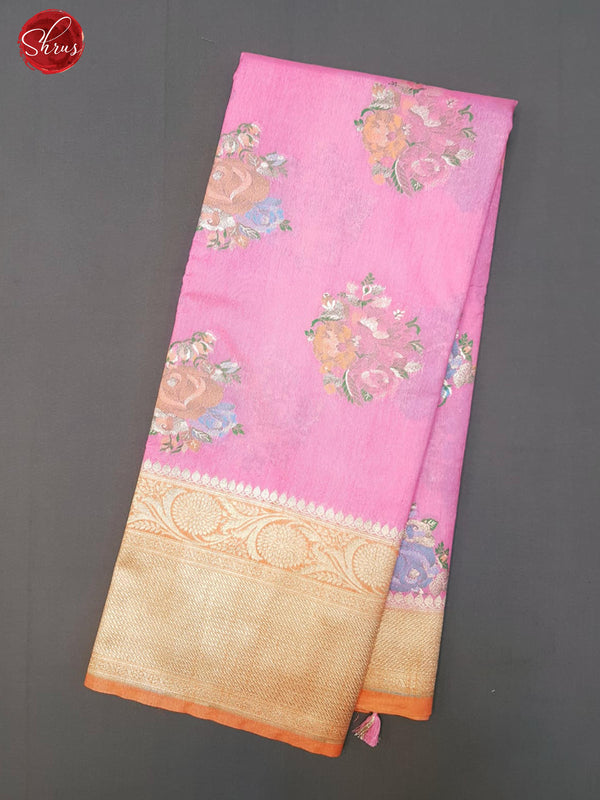 Shocking Pink & Orange - Chiniya Silk Cotton with floral motifs on the Body & Zari Border - Shop on ShrusEternity.com