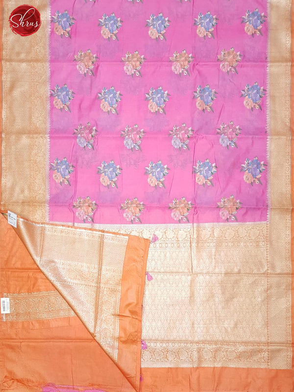 Shocking Pink & Orange - Chiniya Silk Cotton with floral motifs on the Body & Zari Border - Shop on ShrusEternity.com