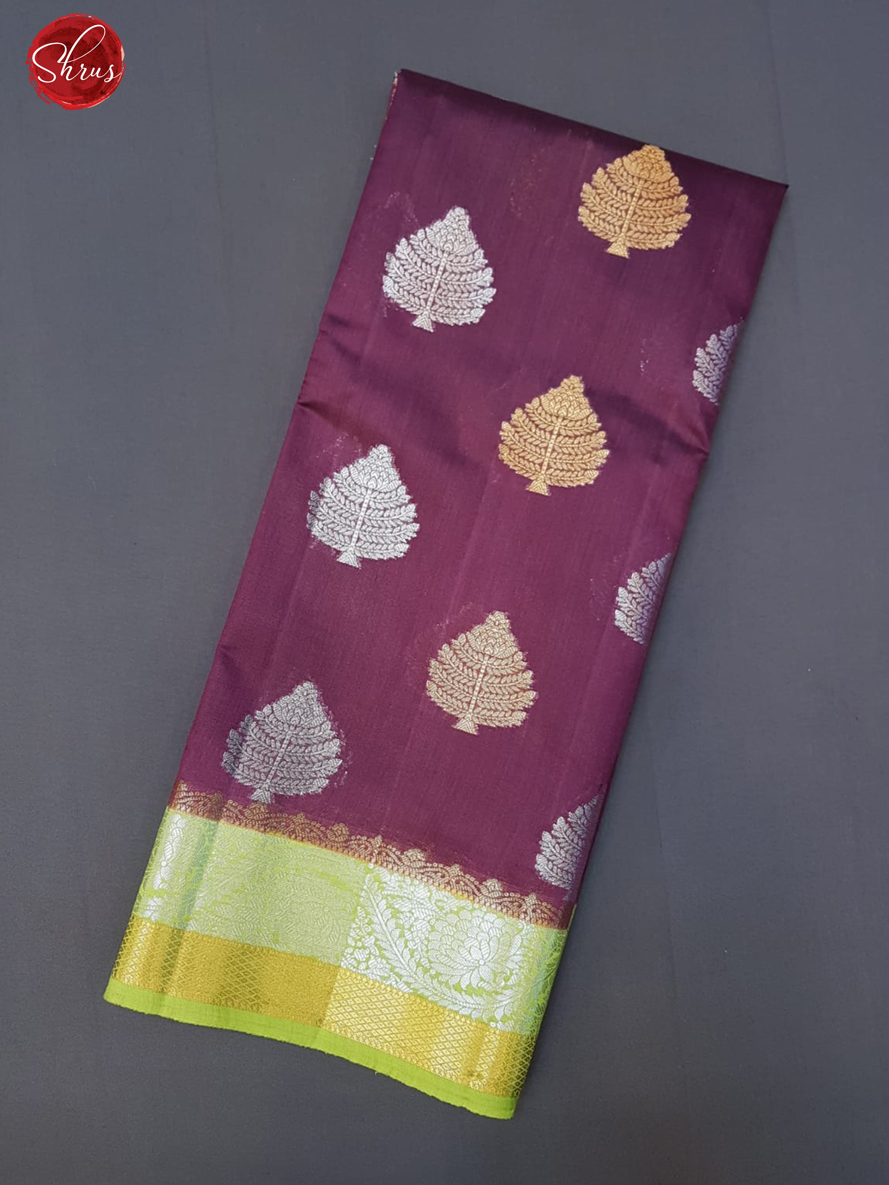 Wine & Green - Chiniya Silk with gold , Silver zari motifs on the body & Contrast Zari Border - Shop on ShrusEternity.com