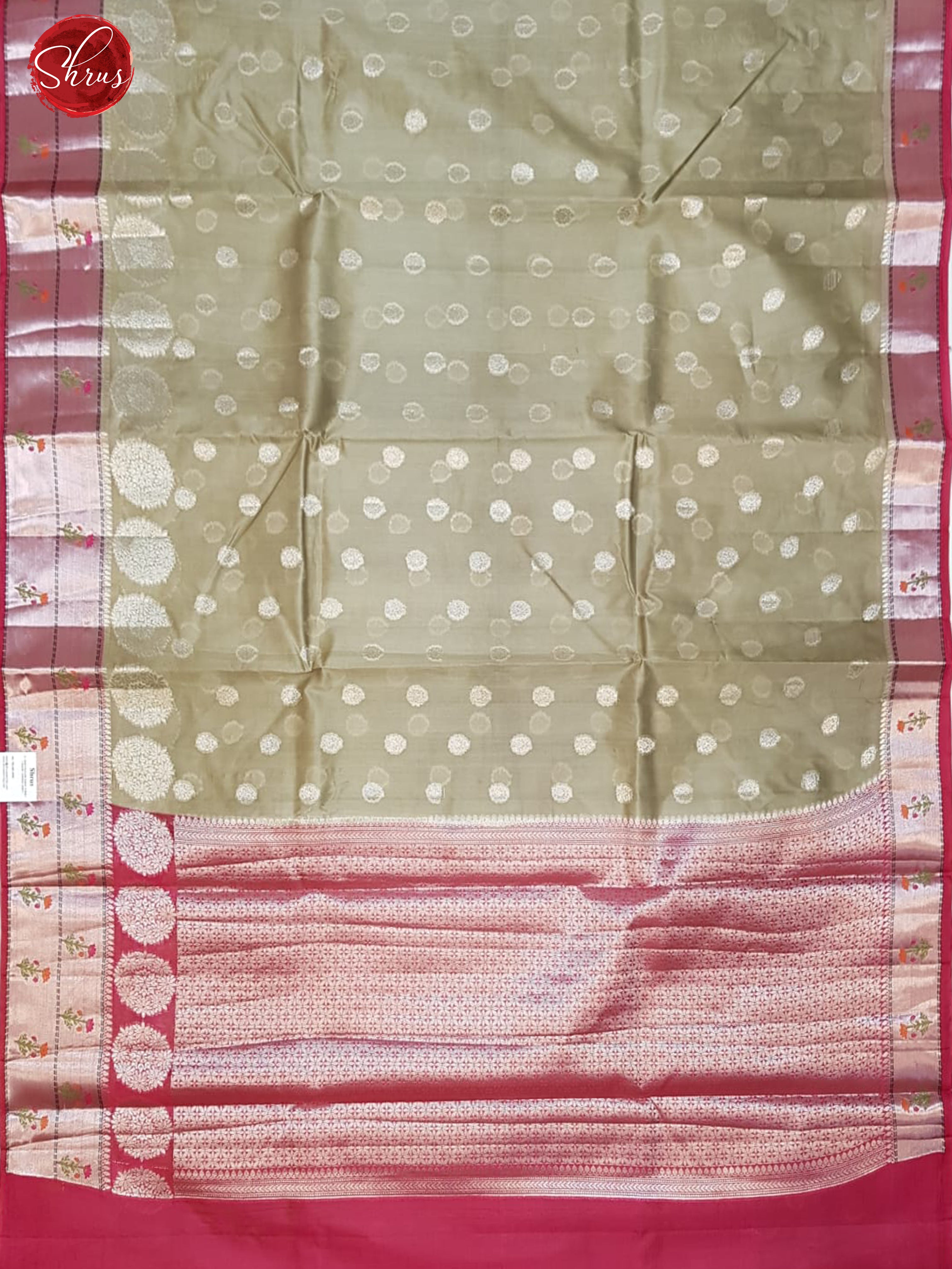 Greenish Grey & Pink - Chiniya Silk with Zari woven buttas on the body & Zari Border - Shop on ShrusEternity.com