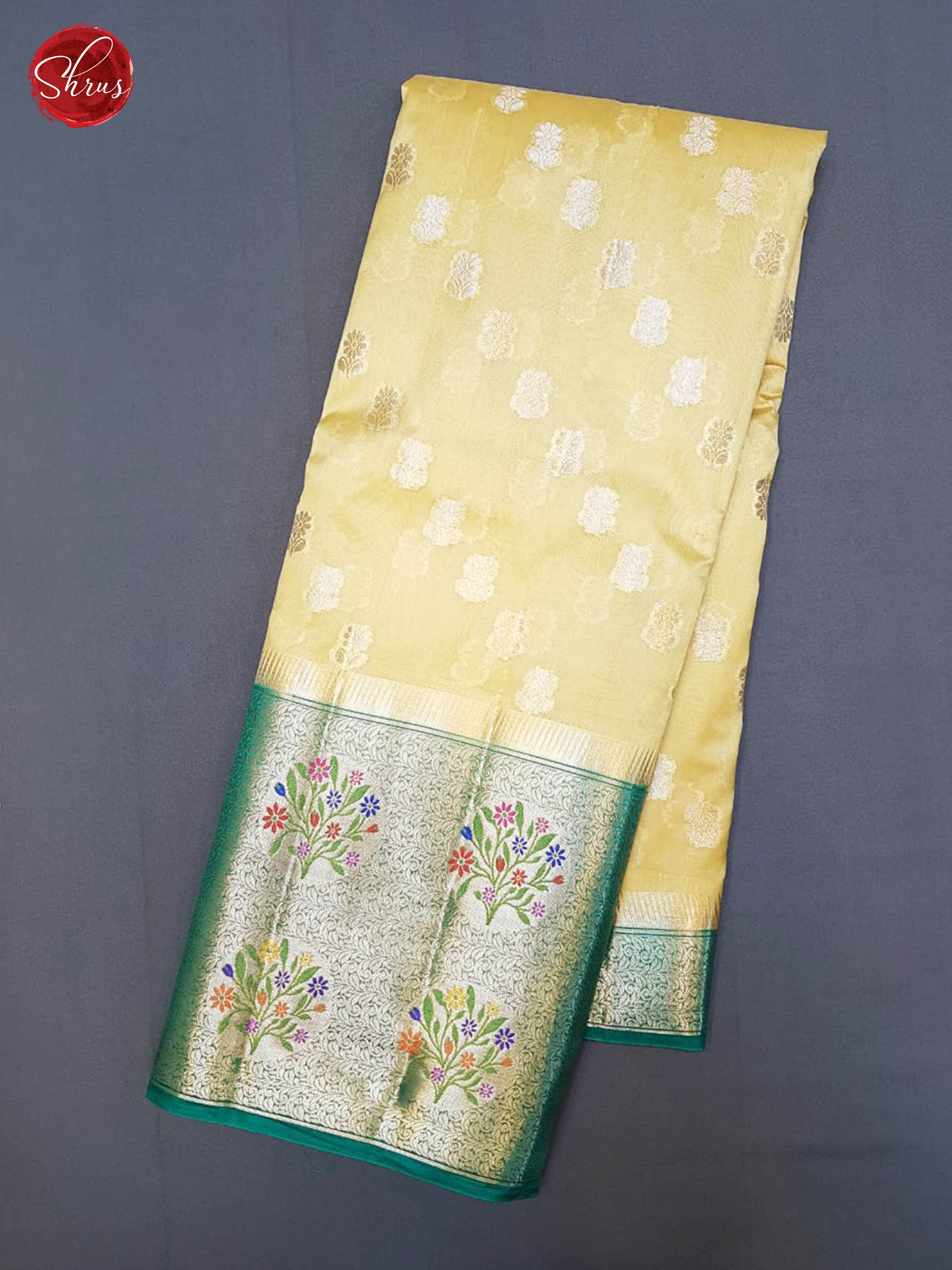 Beige & Green - Chiniya Silk with zari woven floral motifs brocade on the body & Contrast Zari Border - Shop on ShrusEternity.com