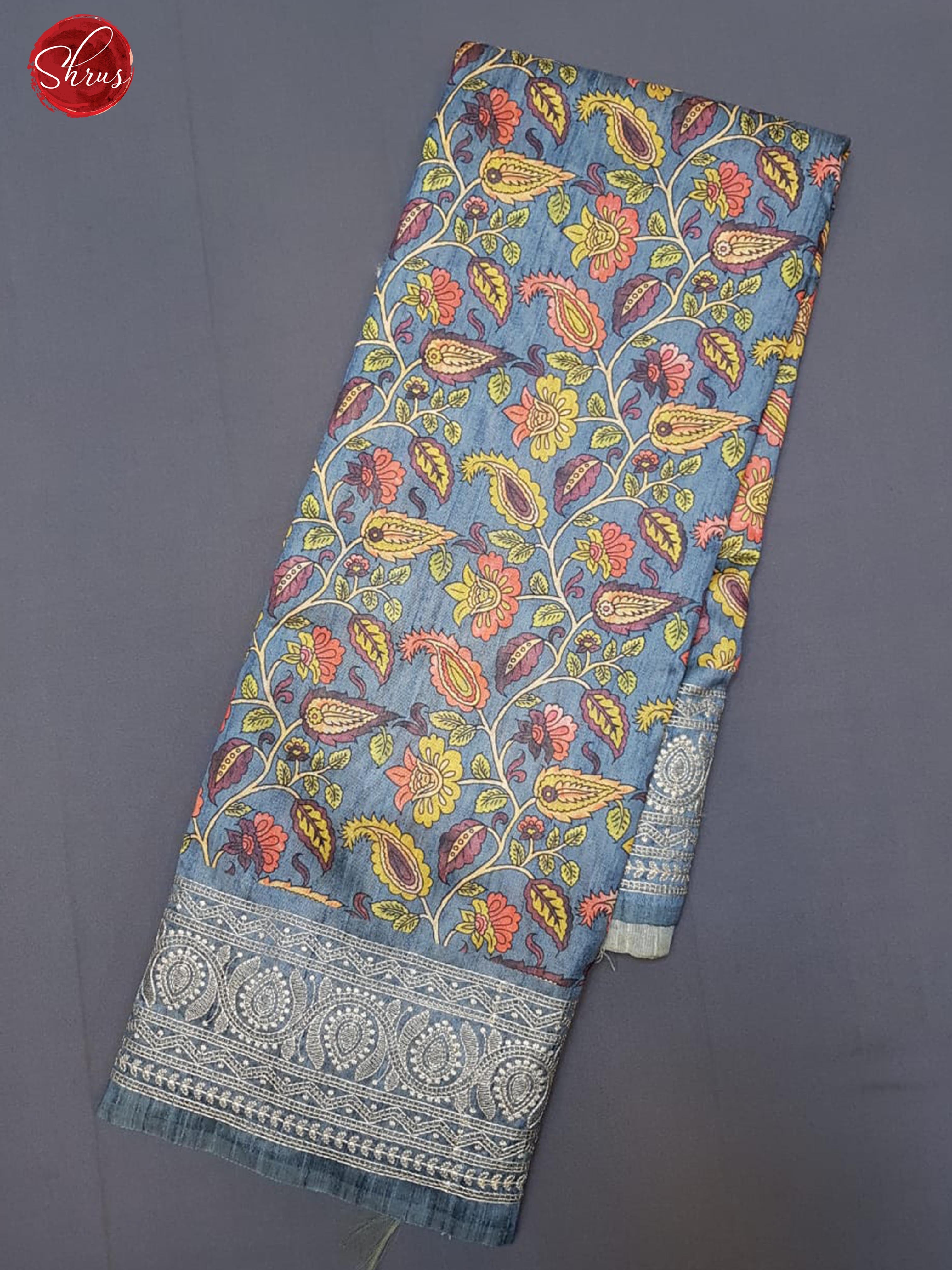 Bluish Grey(Single Tone )- Matka Cotton with floral print on the body & Embroidered Border - Shop on ShrusEternity.com
