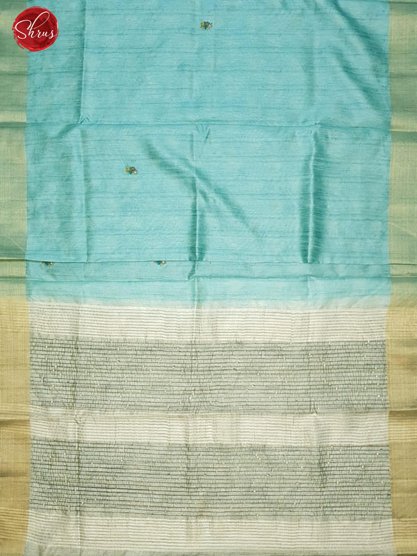 Teal & Grey - Matka Cotton with floral embroidery on the body & Zari Border - Shop on ShrusEternity.com