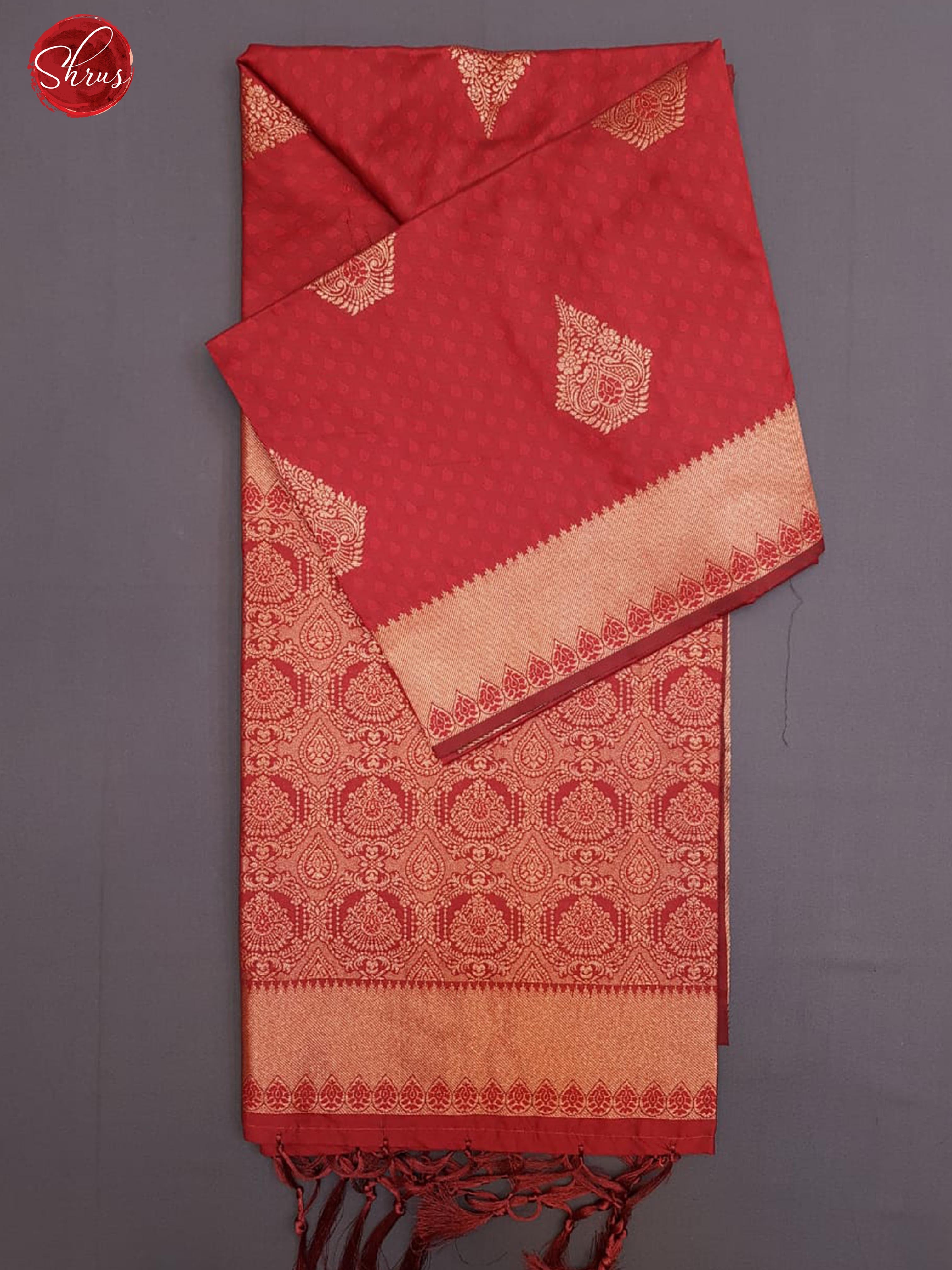 Red(Single Tone)- Semi Khatan with zari floral motif , jacquard on the body & Zari Border - Shop on ShrusEternity.com