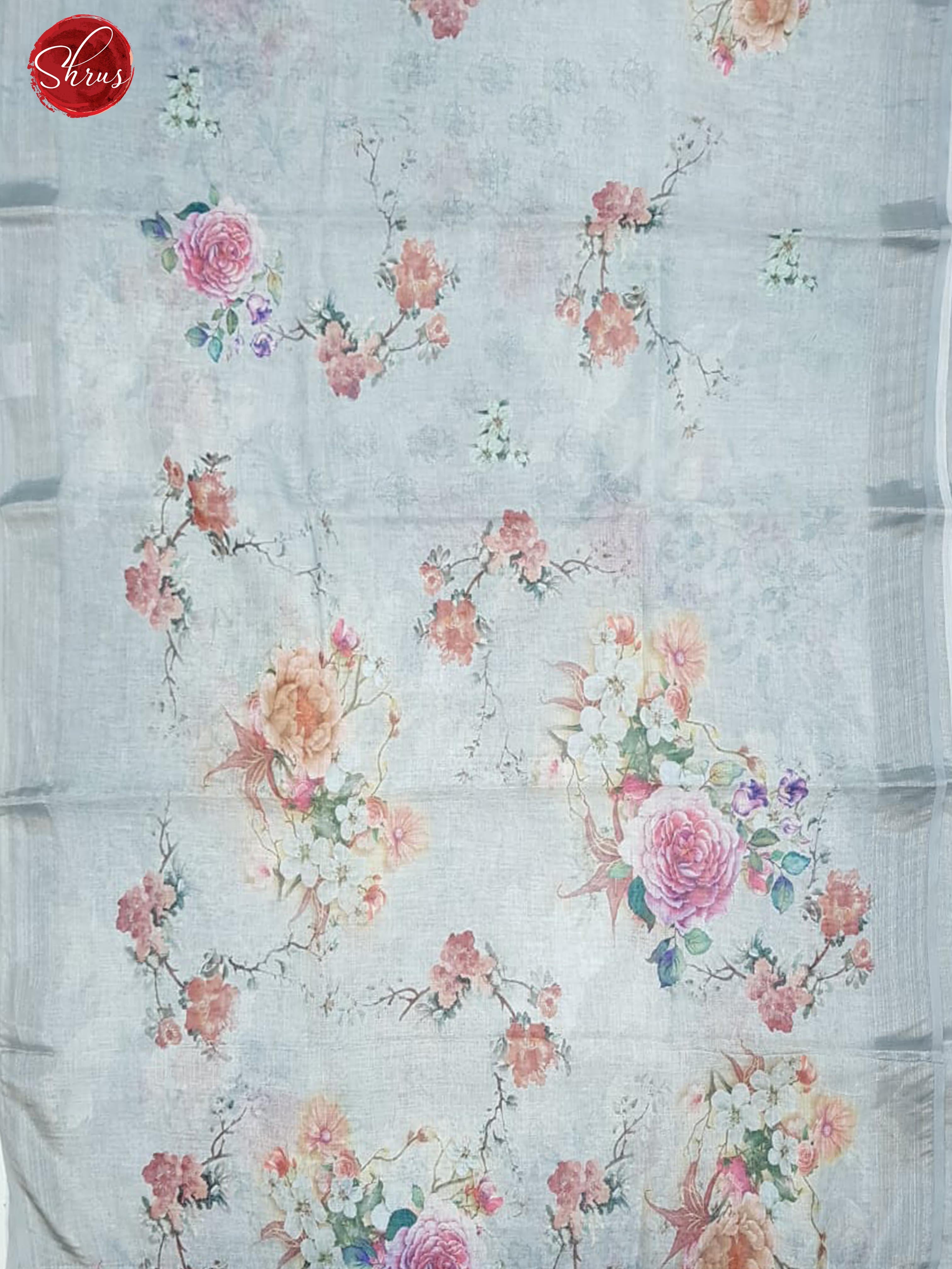 Bluish Grey(Single Tone)- Linen with floral print on the body& Zari border - Shop on ShrusEternity.com