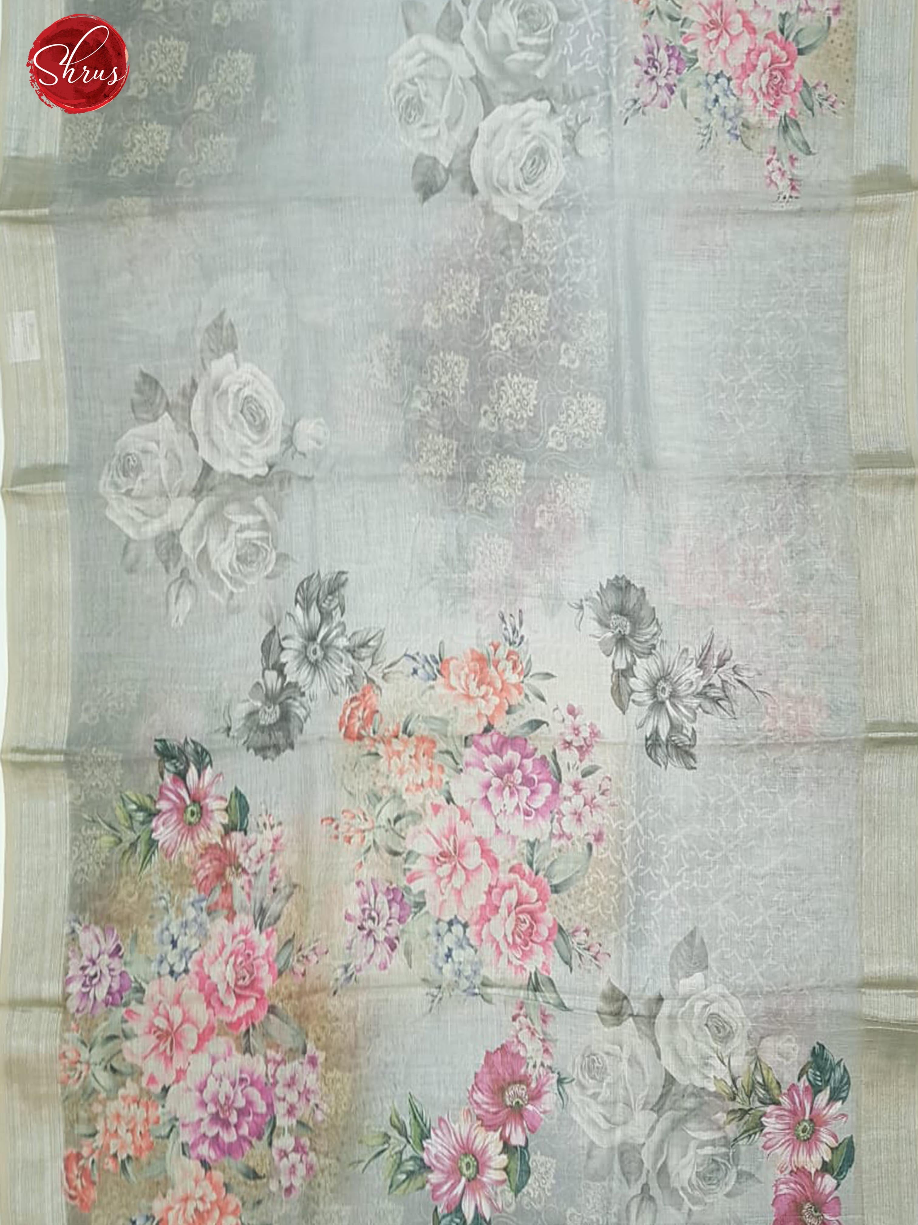 Grey(Single Tone)- Linen with floral print on the body & Zari border - Shop on ShrusEternity.com