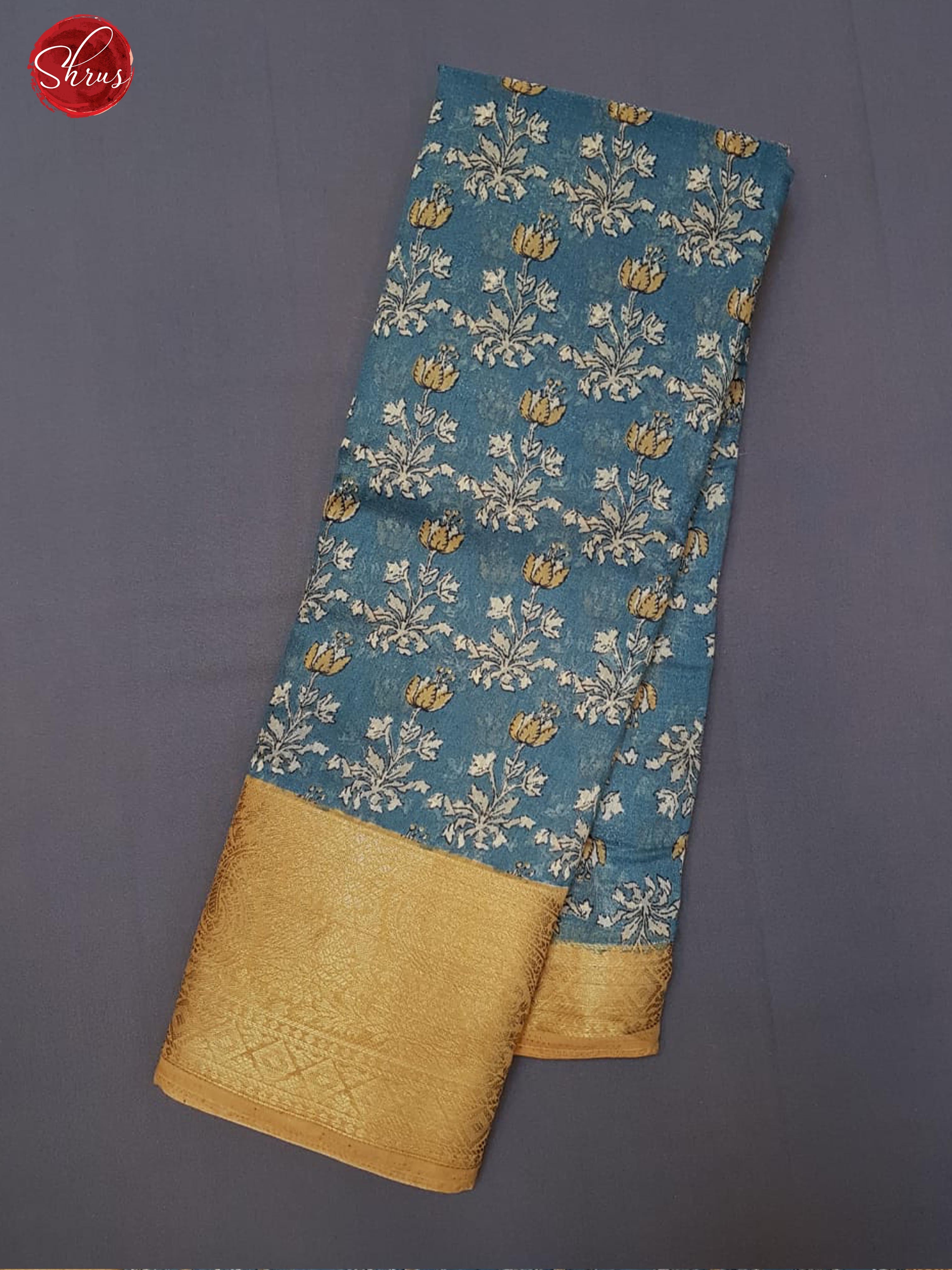 Blue & Beige - Art Line with floral print on the body& Zari Border - Shop on ShrusEternity.com