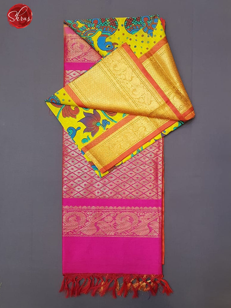 Yellow & Pink - Silk Cotton with Kalamkari Print on the body & Contrast Zari Border - Shop on ShrusEternity.com