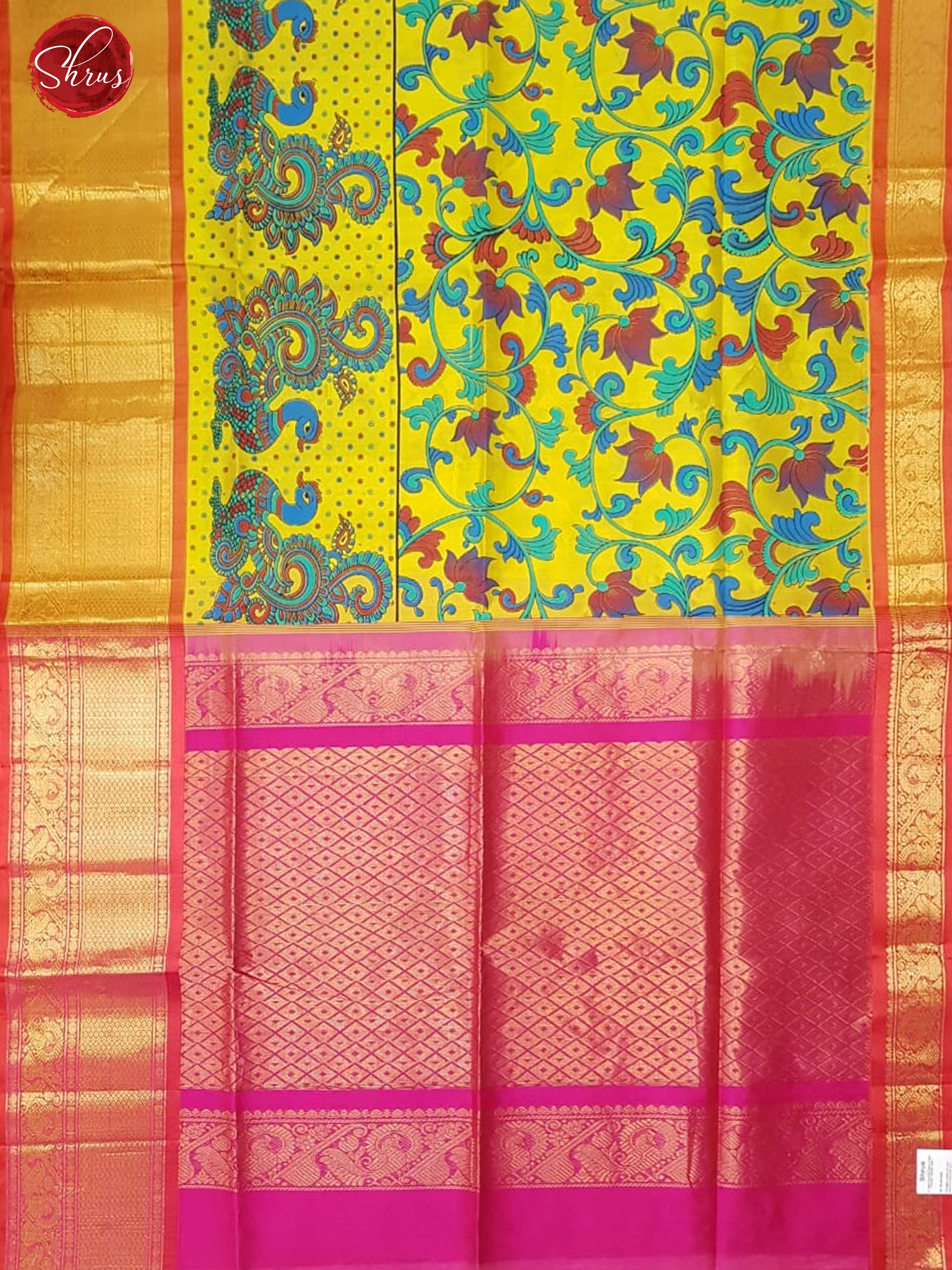 Yellow & Pink - Silk Cotton with Kalamkari Print on the body & Contrast Zari Border - Shop on ShrusEternity.com