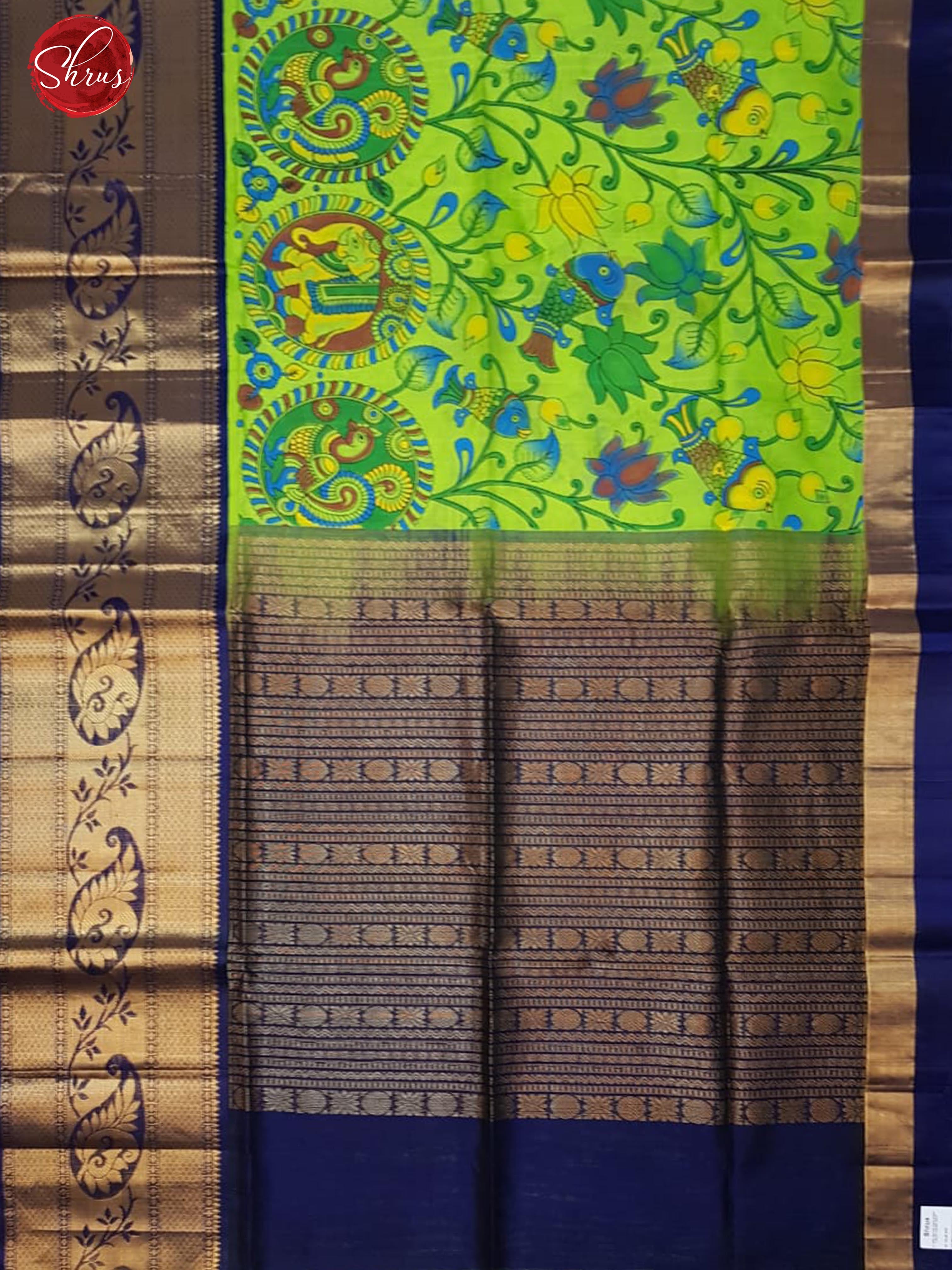 Green & Blue - Silk Cotton with Kalamkari print on the body & Zari Border - Shop on ShrusEternity.com