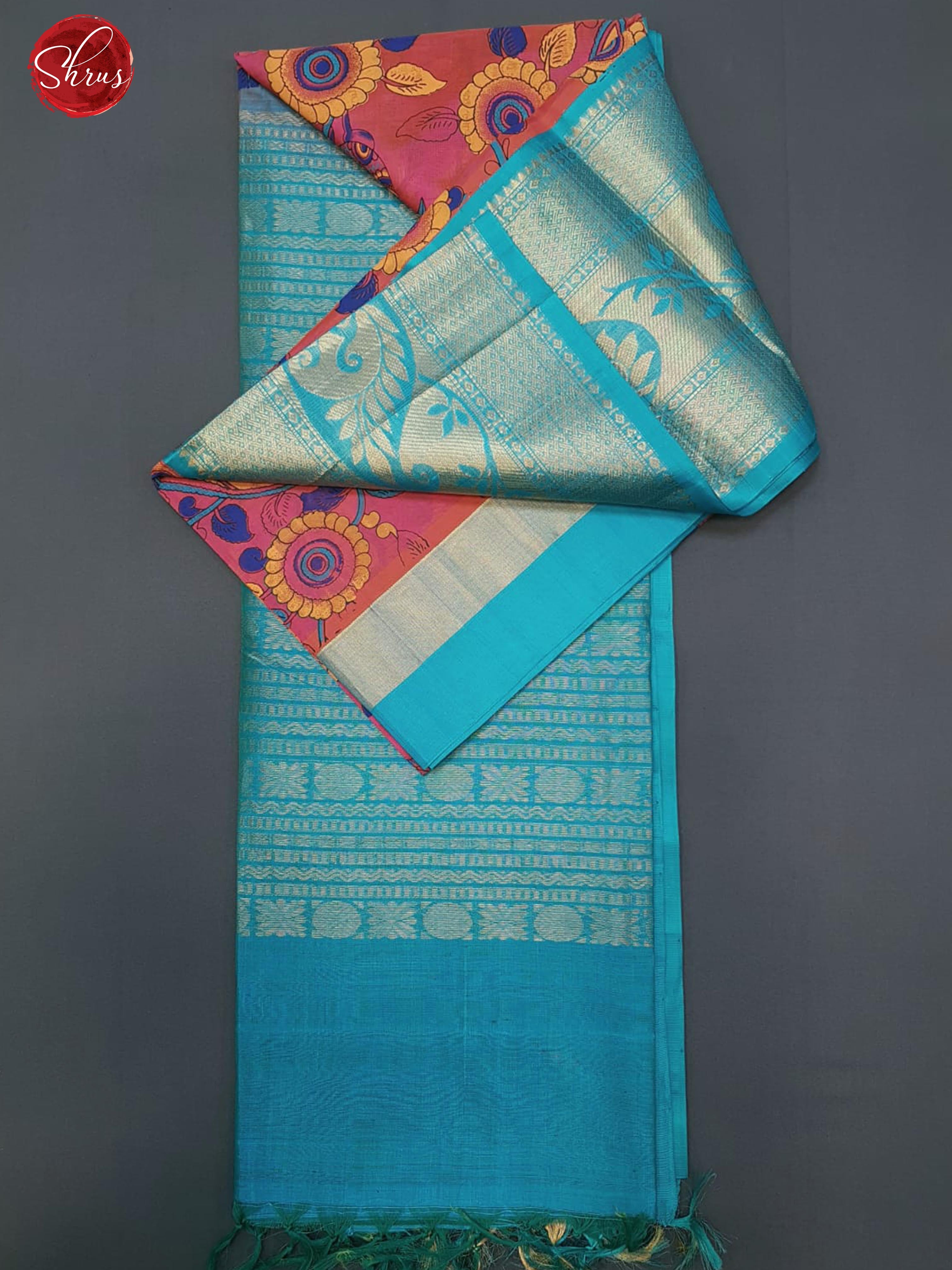 Pink & Teal - Silk Cotton with kalamkari print on the body & Zari Border - Shop on ShrusEternity.com