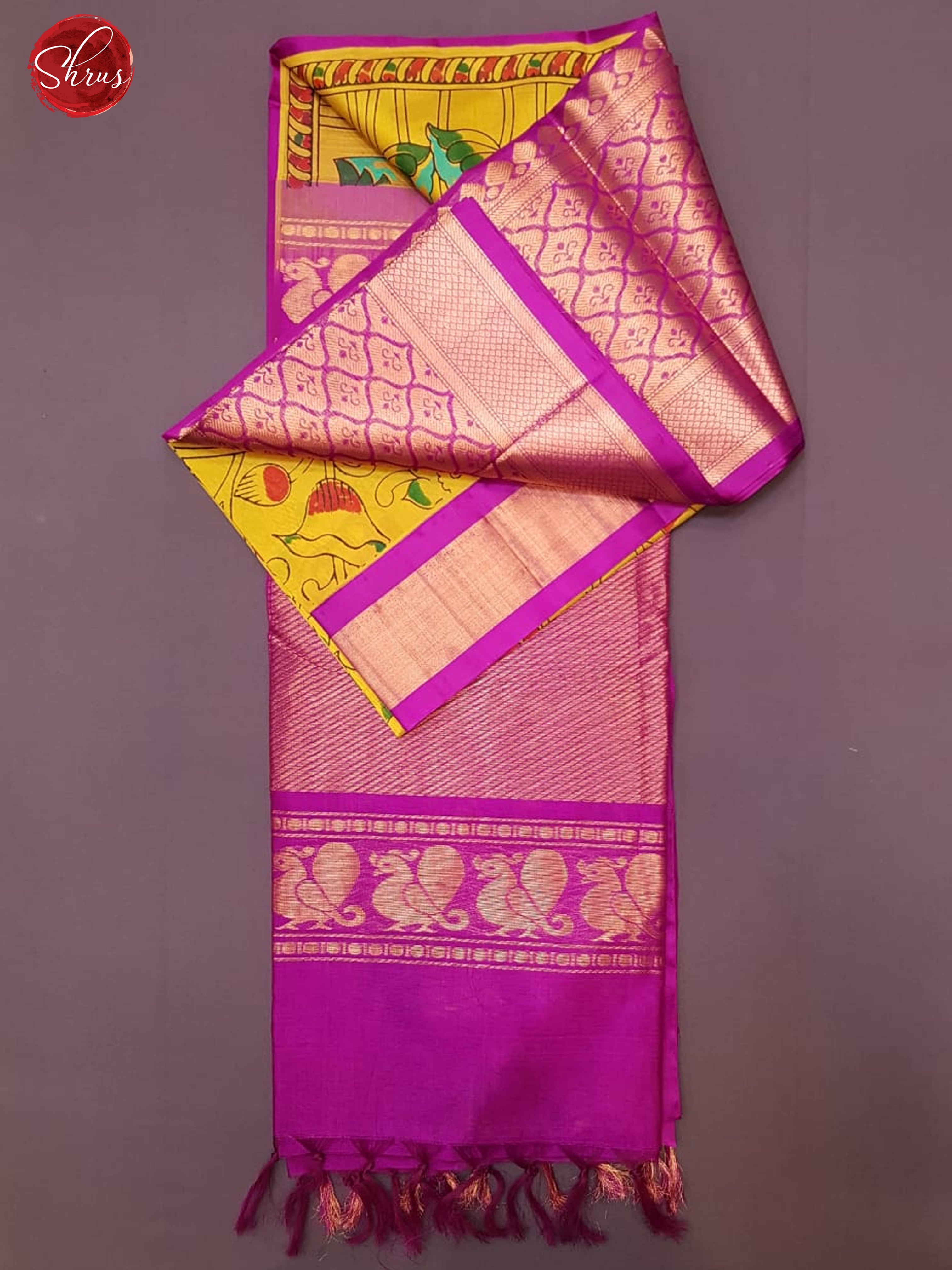 Green and Purple - Silk Cotton with Kalamkari Print on the body & Zari Borde - Shop on ShrusEternity.com