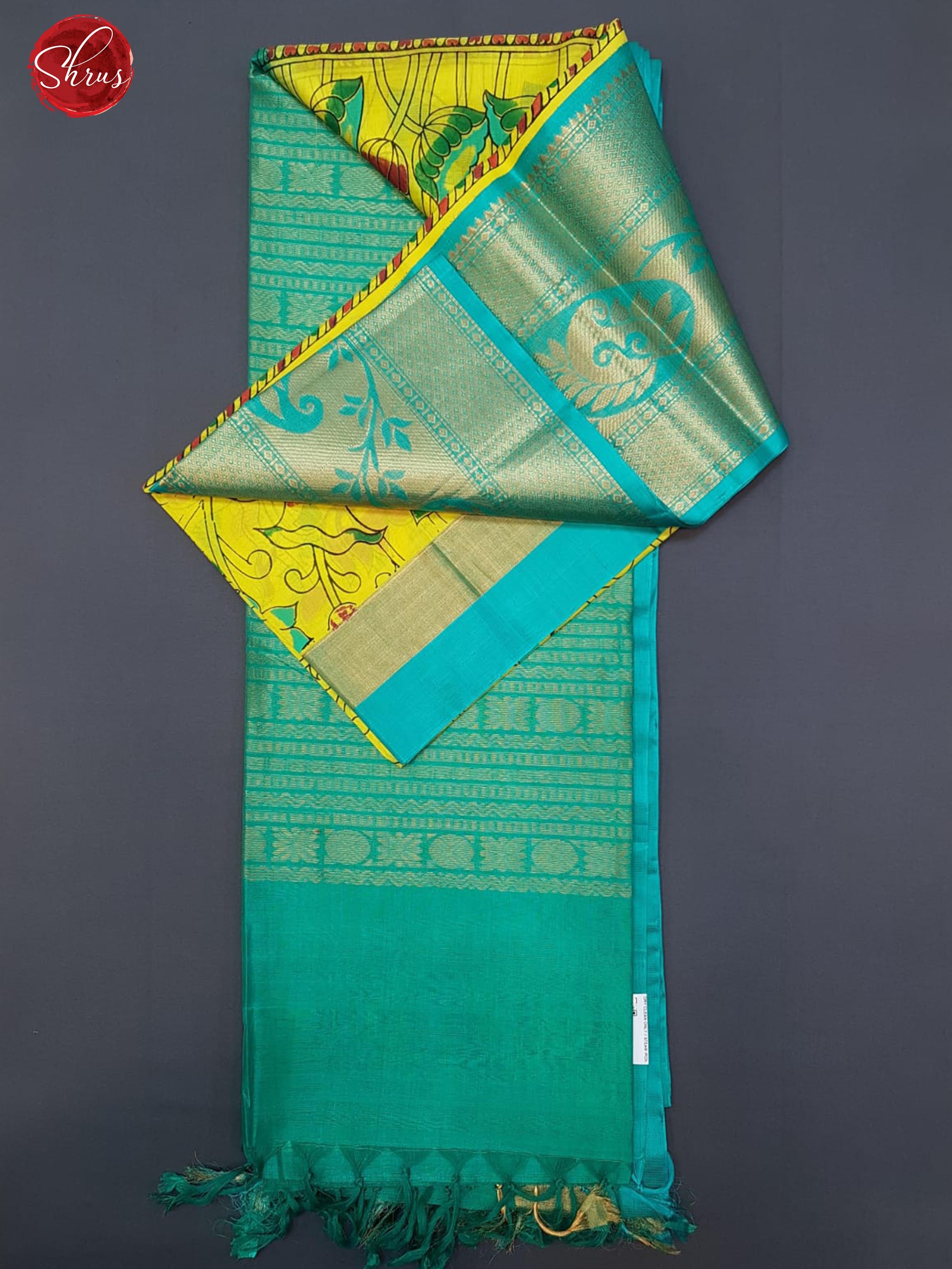 Yellow & Green- Silk Cotton with kalamkari print on the body & Zari Border - Shop on ShrusEternity.com