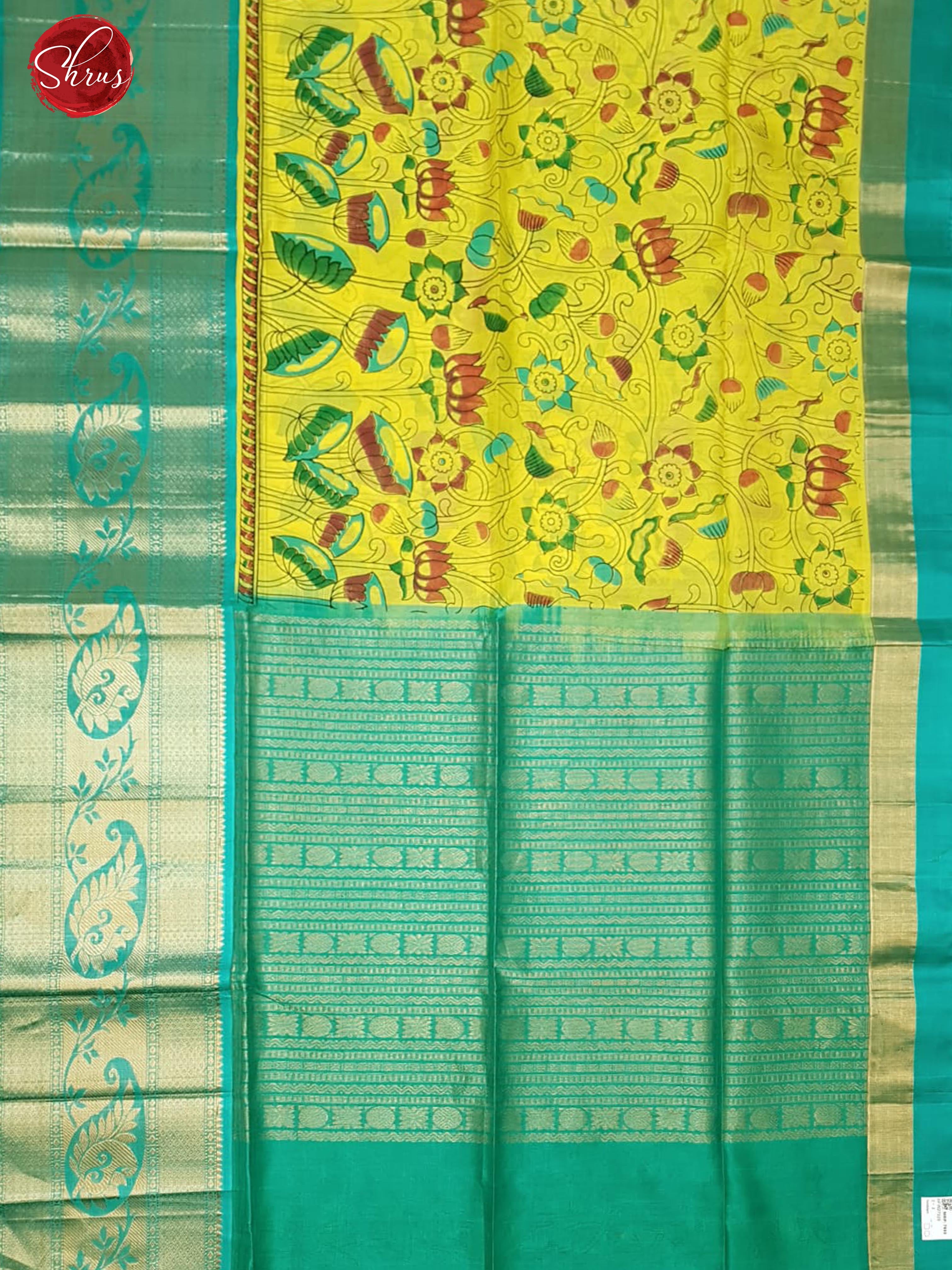 Yellow & Green- Silk Cotton with kalamkari print on the body & Zari Border - Shop on ShrusEternity.com