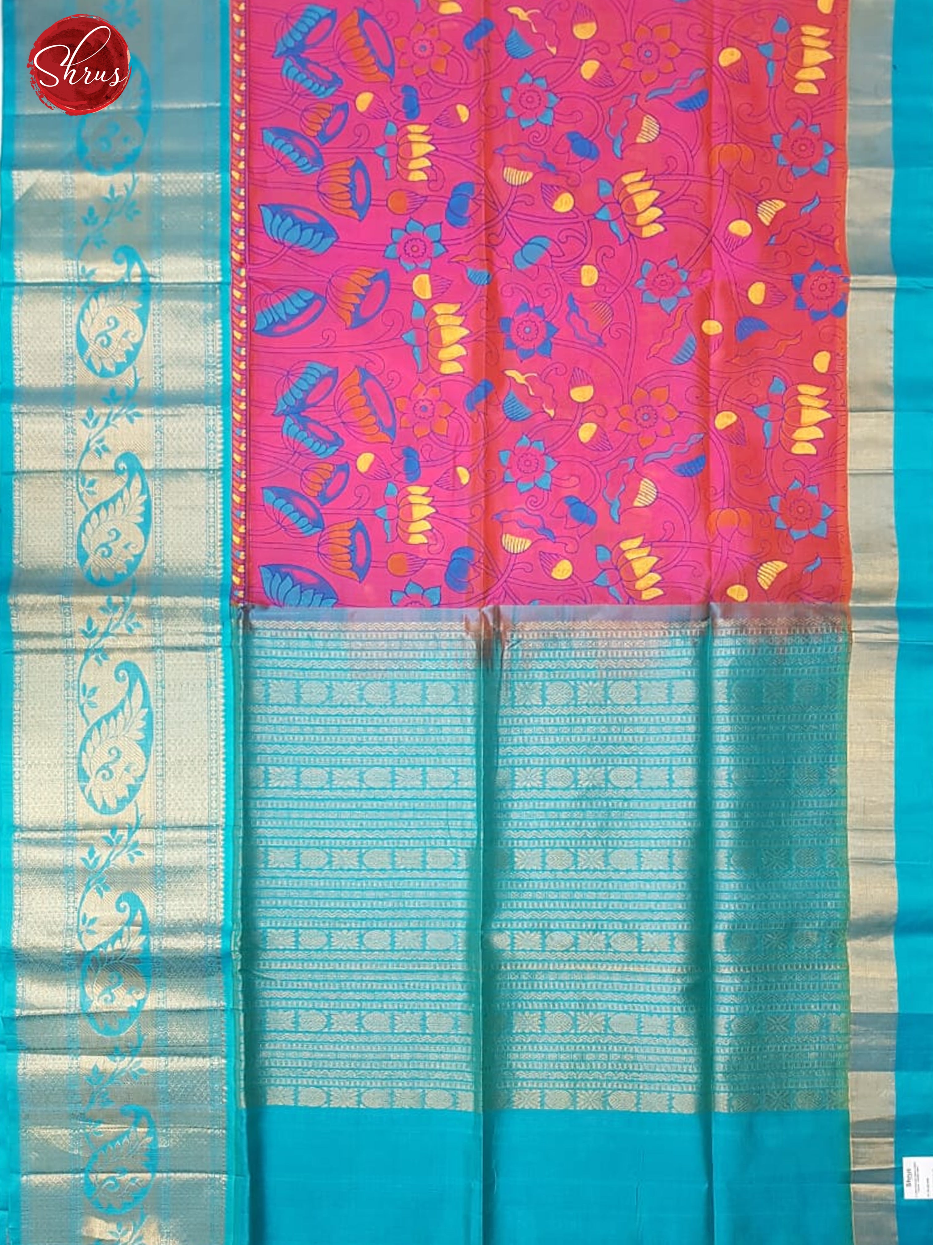Pink & Teal -Silk Cotton with Kalamkari print on t he body & Contrast Zari Border - Shop on ShrusEternity.com