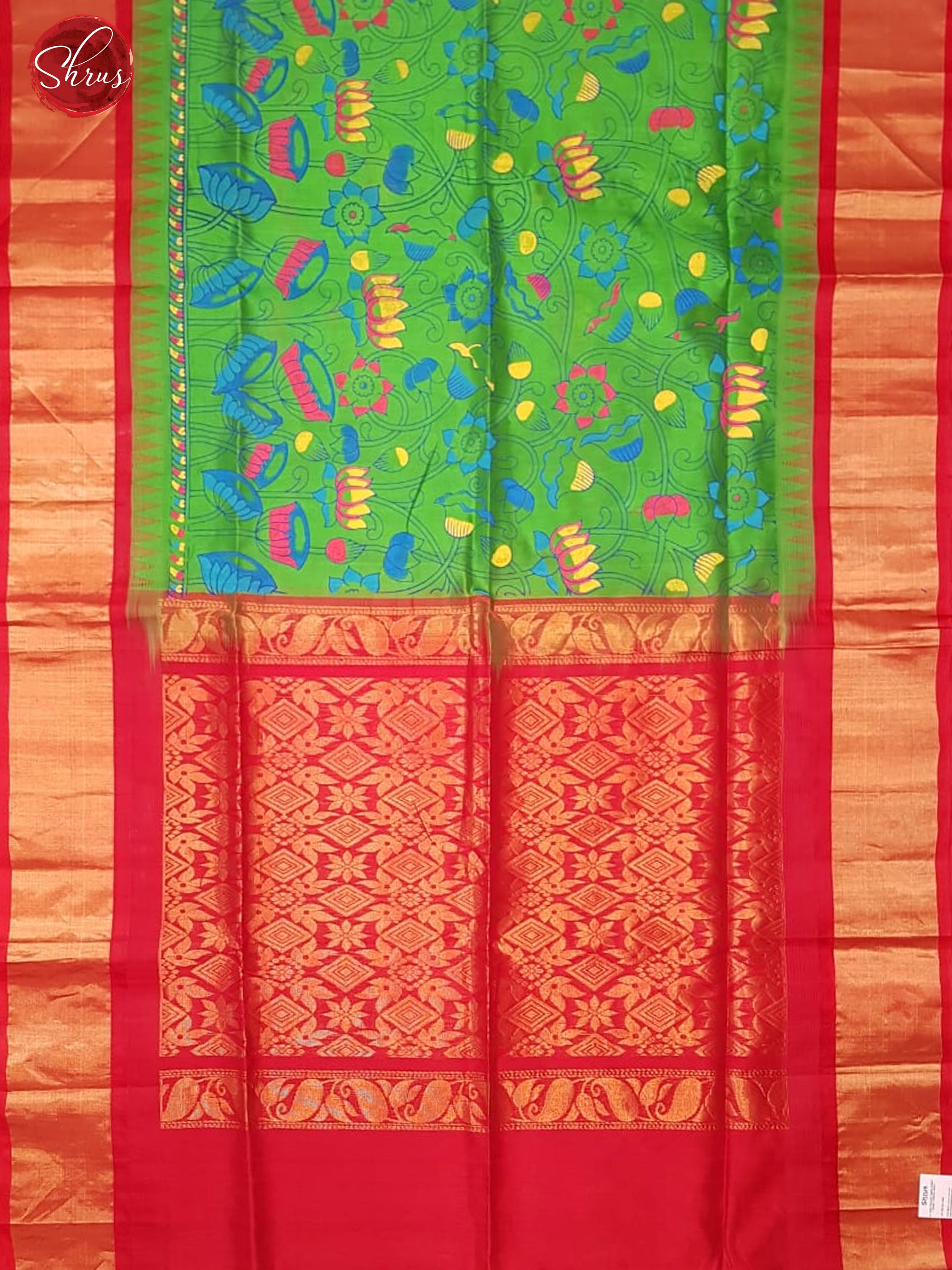 Green and Red - Silk Cotton with kalamkari print on the body & Contrast Zari Border - Shop on ShrusEternity.com
