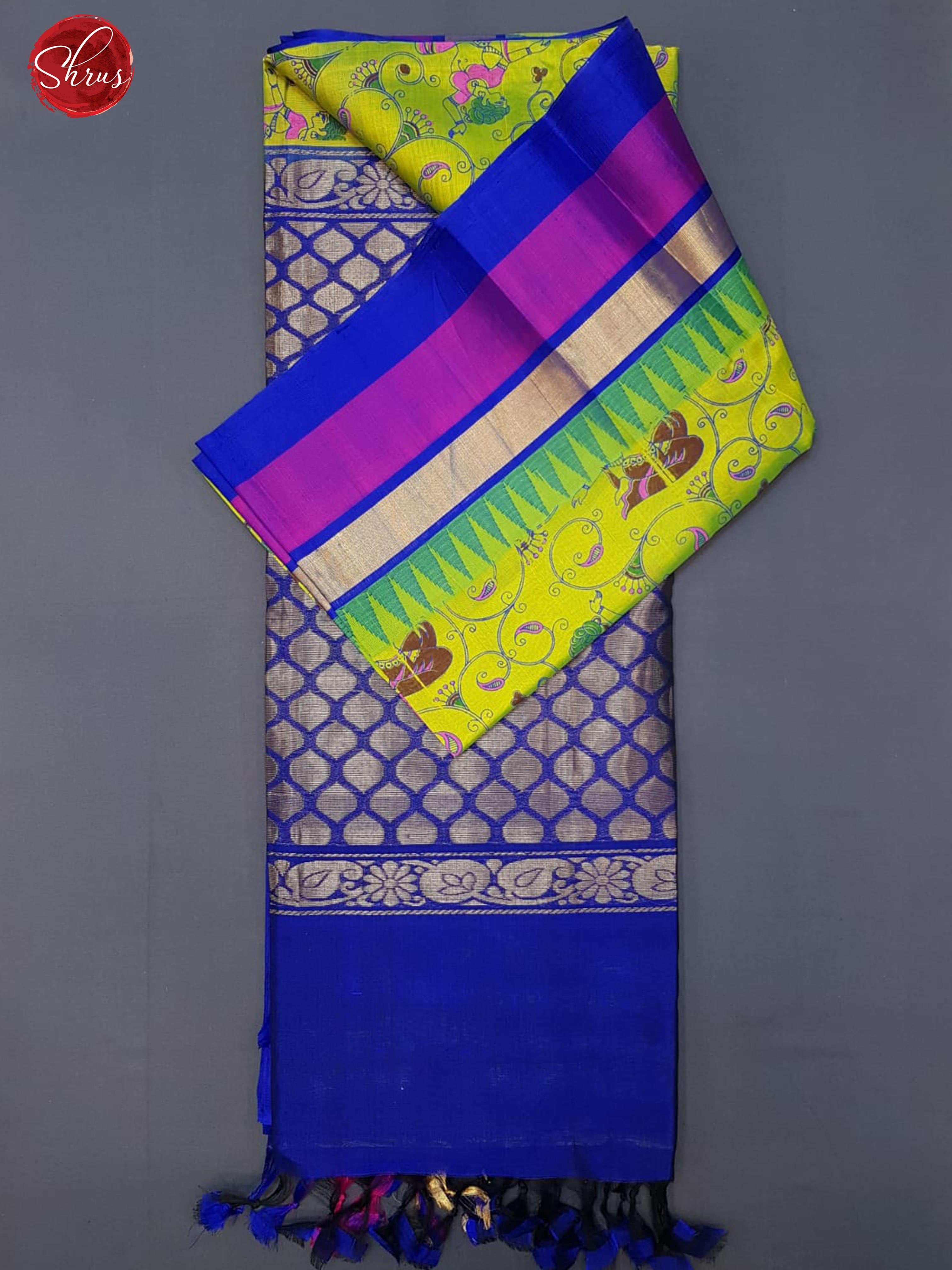 Green & Blue- Silk Cotton with Kalamkari print on the body & Zari Border - Shop on ShrusEternity.com