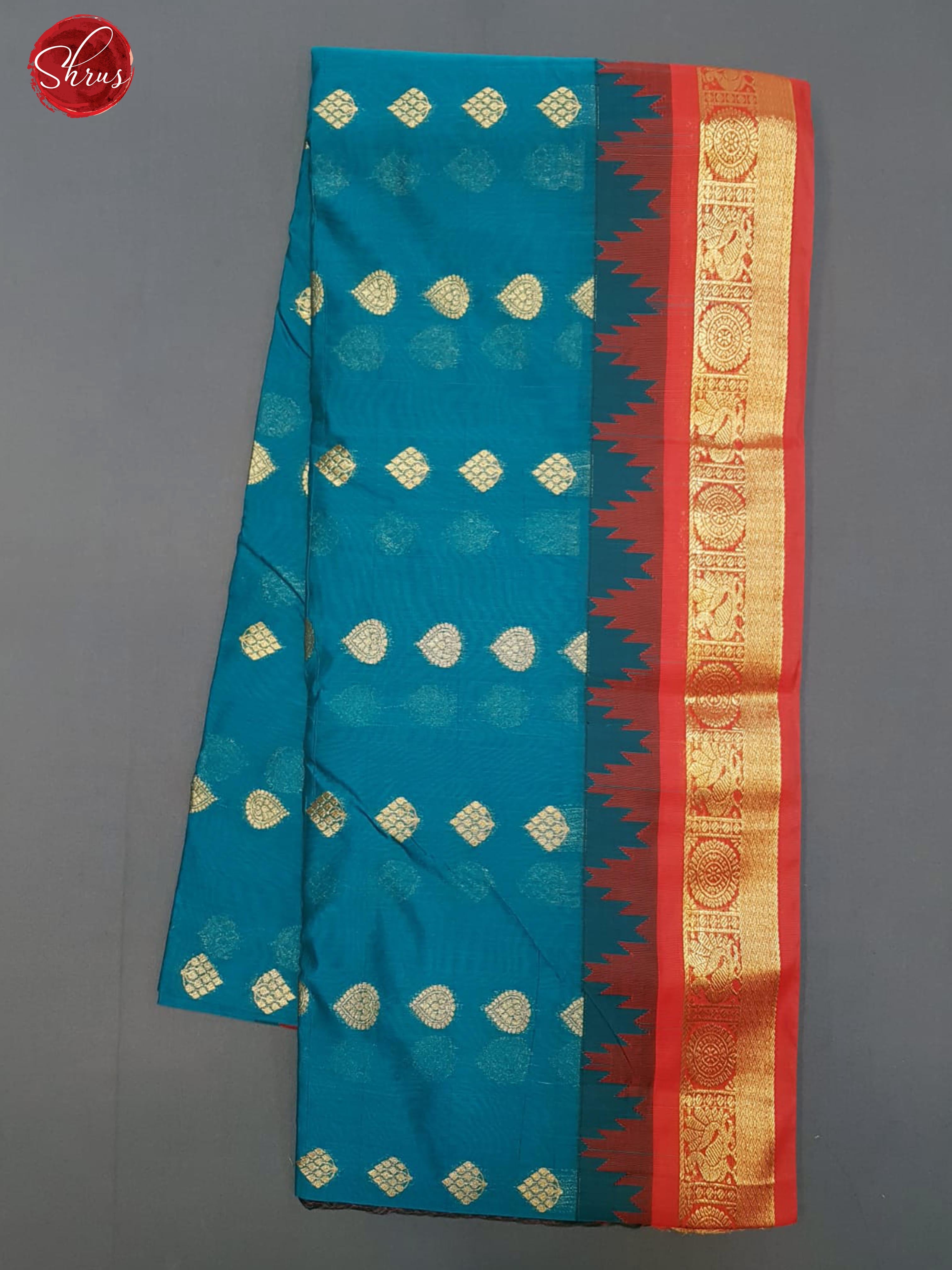 Peacock Blue & Maroon - Semi Kuppadam with Zari woven buttas on the body & Zari Border - Shop on ShrusEternity.com