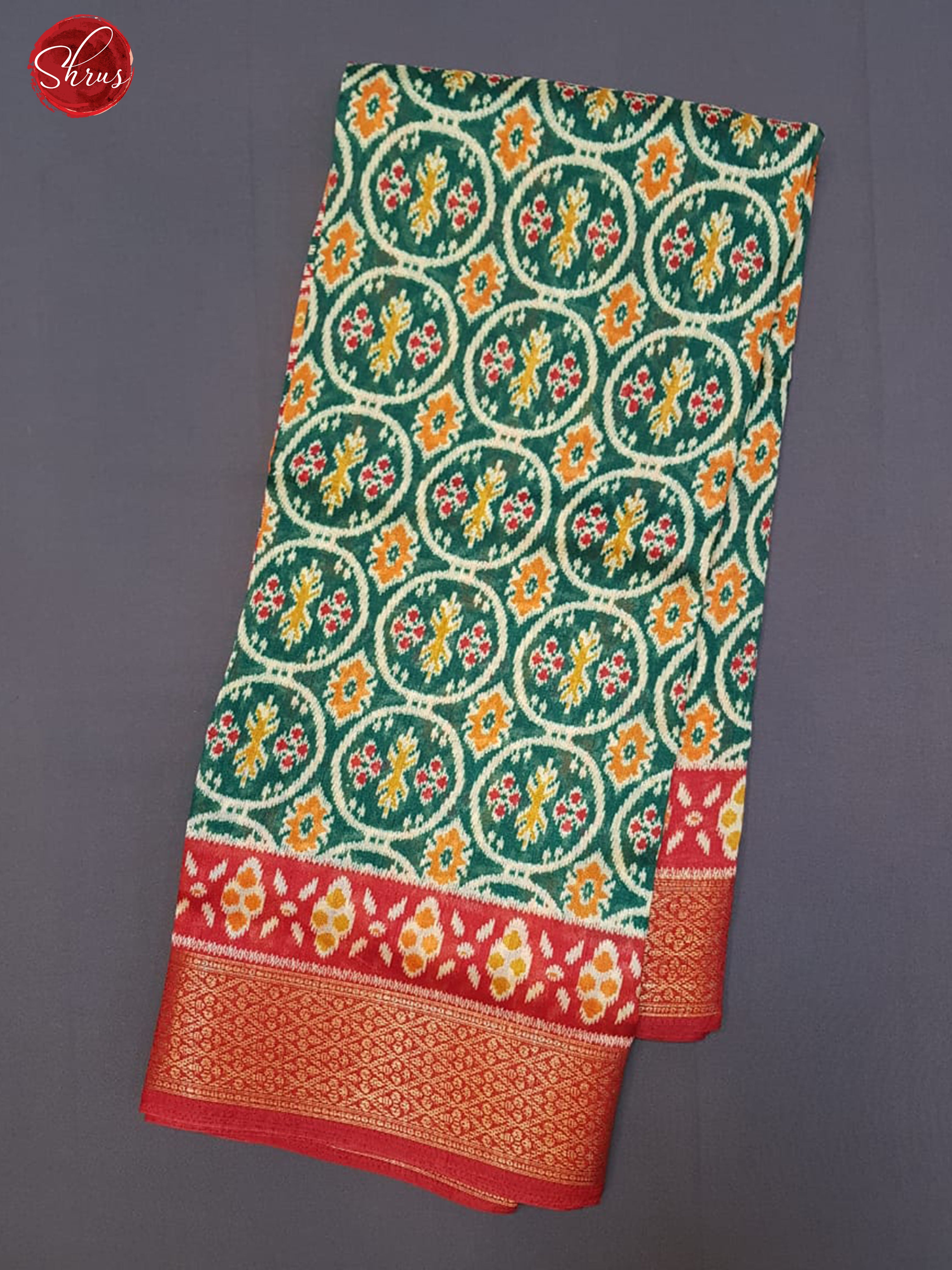 Green& Red -Semi Jute with Patola floral print on the body& Zari Border - Shop on ShrusEternity.com