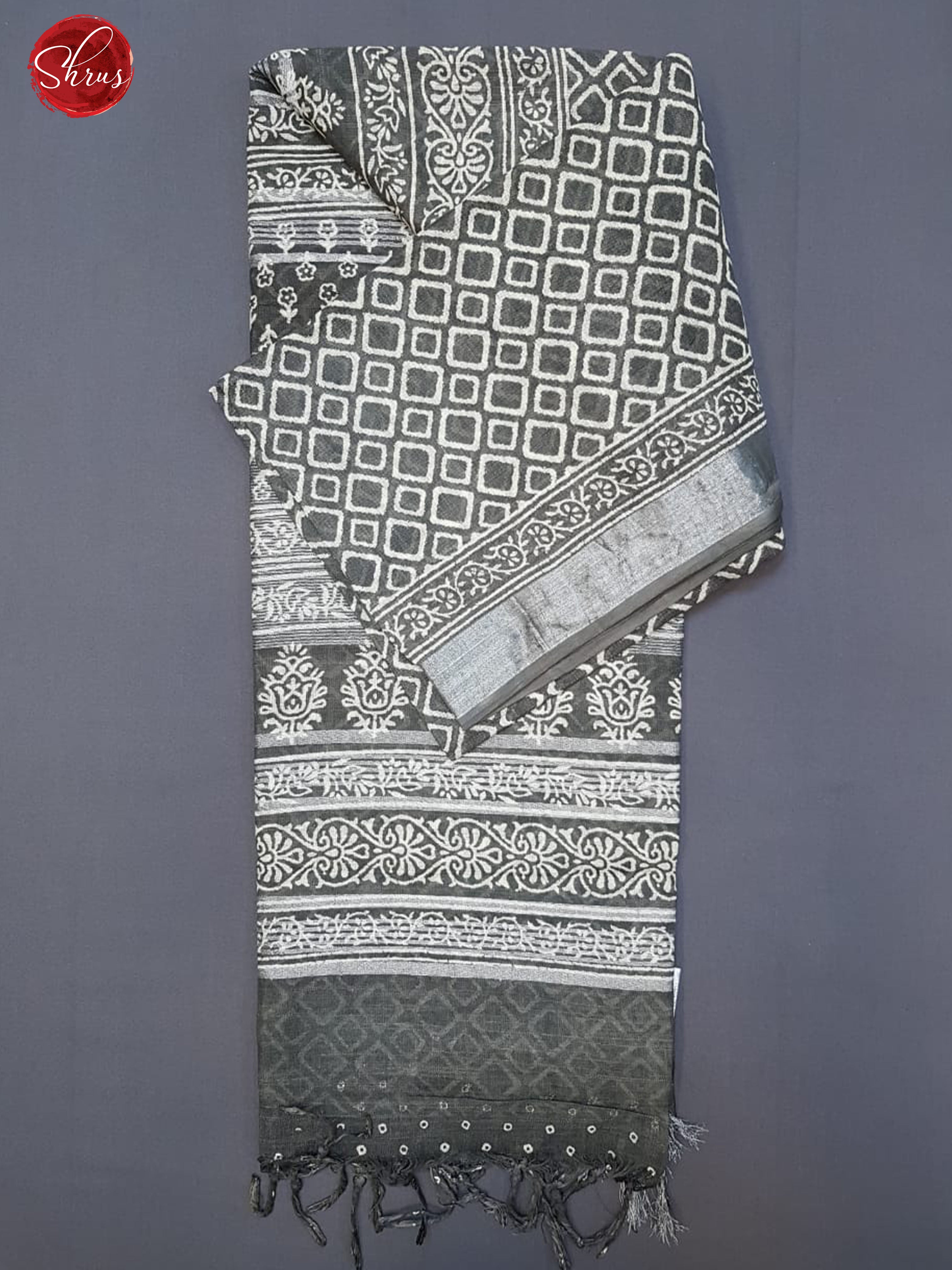 Grey(Single Tone) - Linen Cotton with geometric print on the body & Zari Border - Shop on ShrusEternity.com
