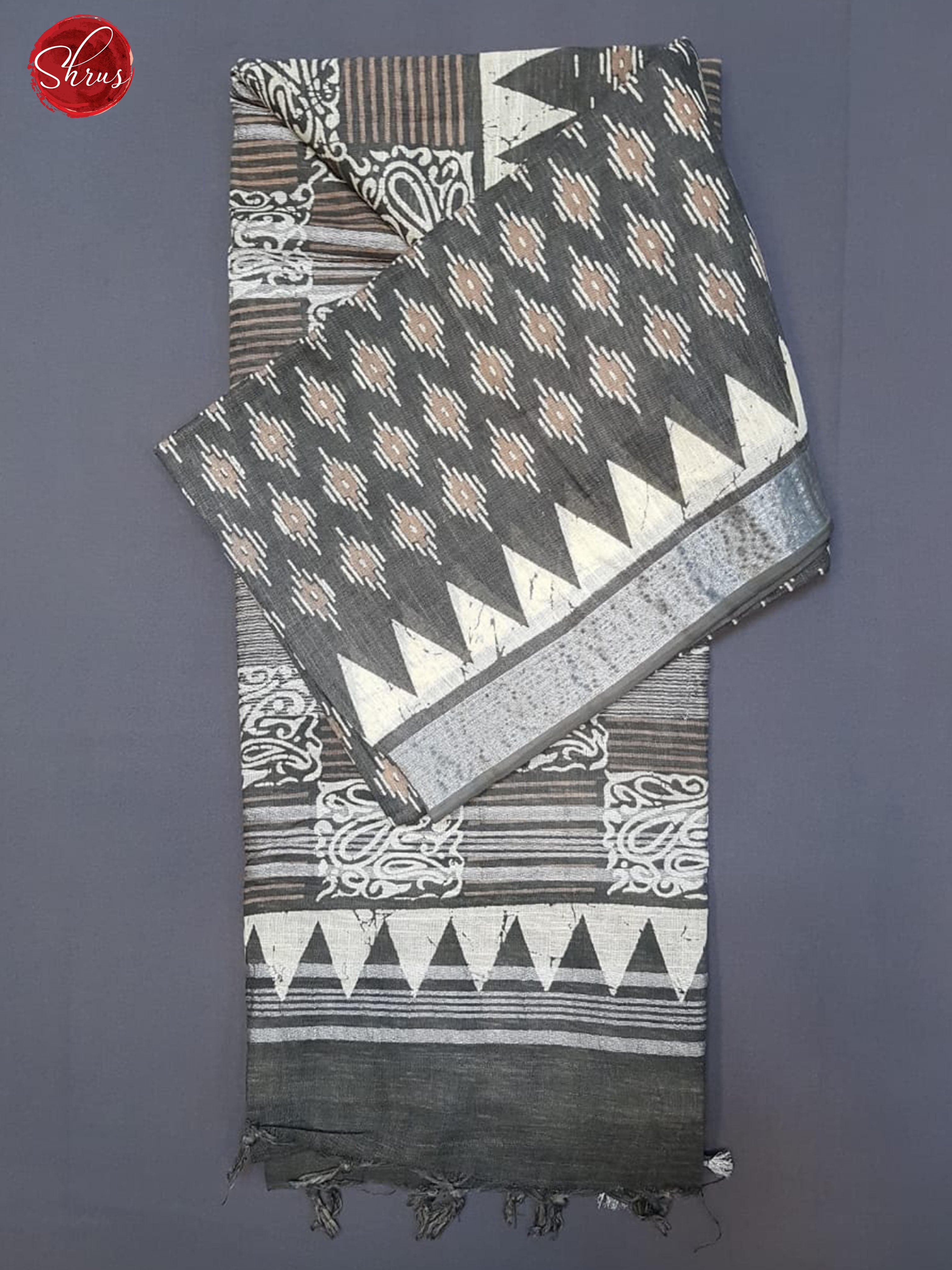 Grey(Single Tone)- Linen Cotton with floral print on the body & Zari Border - Shop on ShrusEternity.com