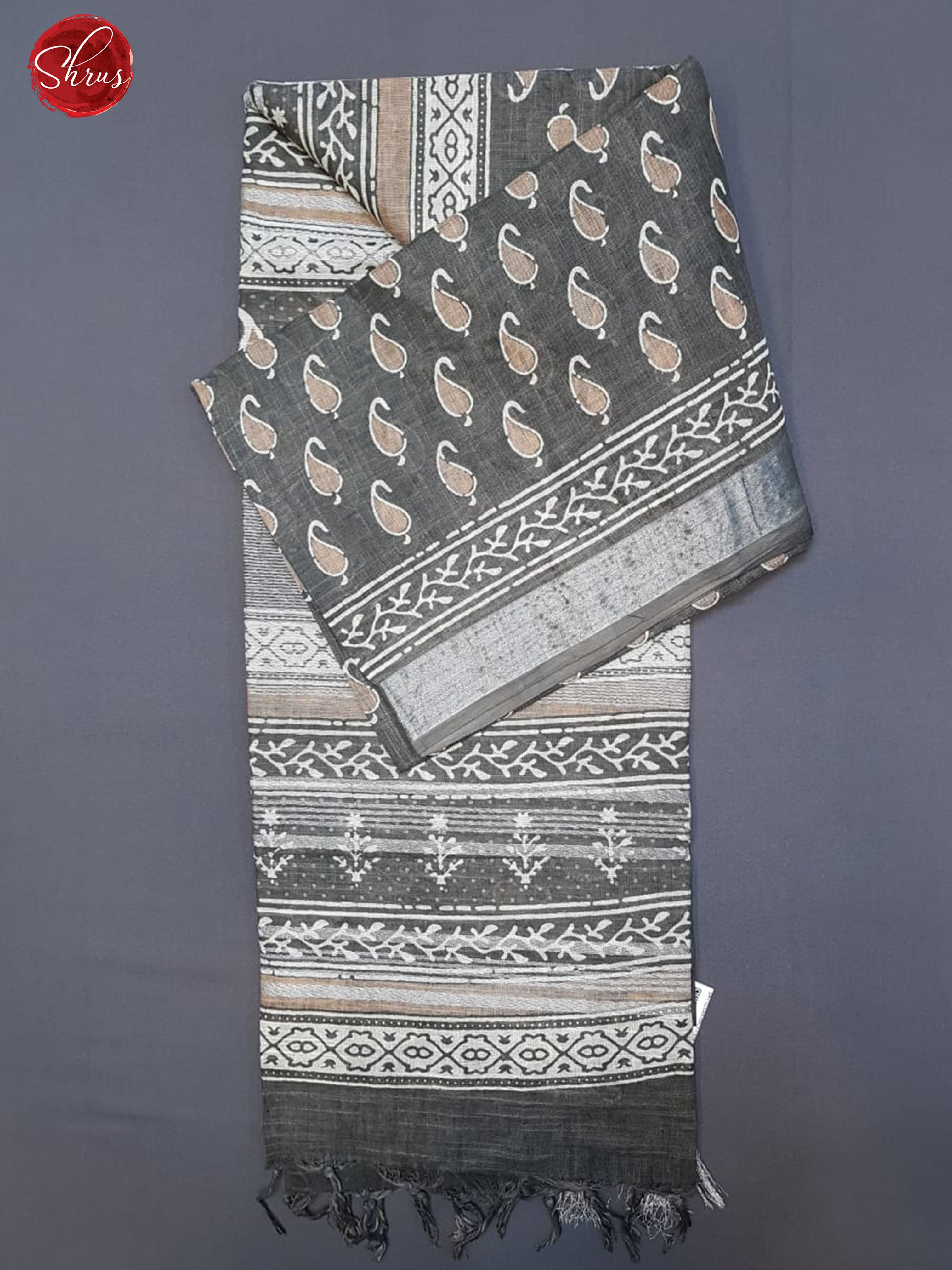 Grey(Single Tone )- Linen Cotton with paisleys print on the body & Silver Zari Border - Shop on ShrusEternity.com