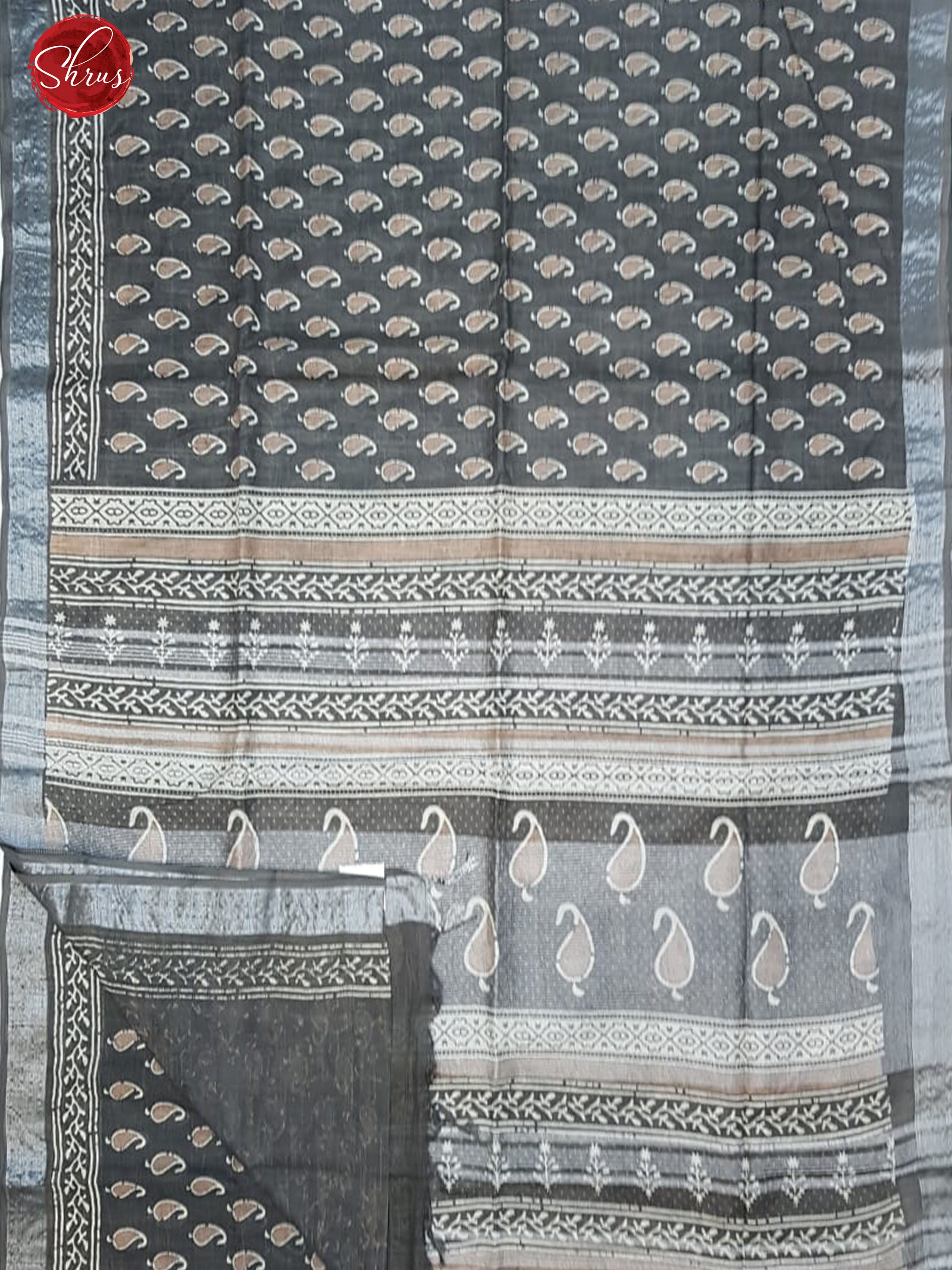 Grey(Single Tone )- Linen Cotton with paisleys print on the body & Silver Zari Border - Shop on ShrusEternity.com