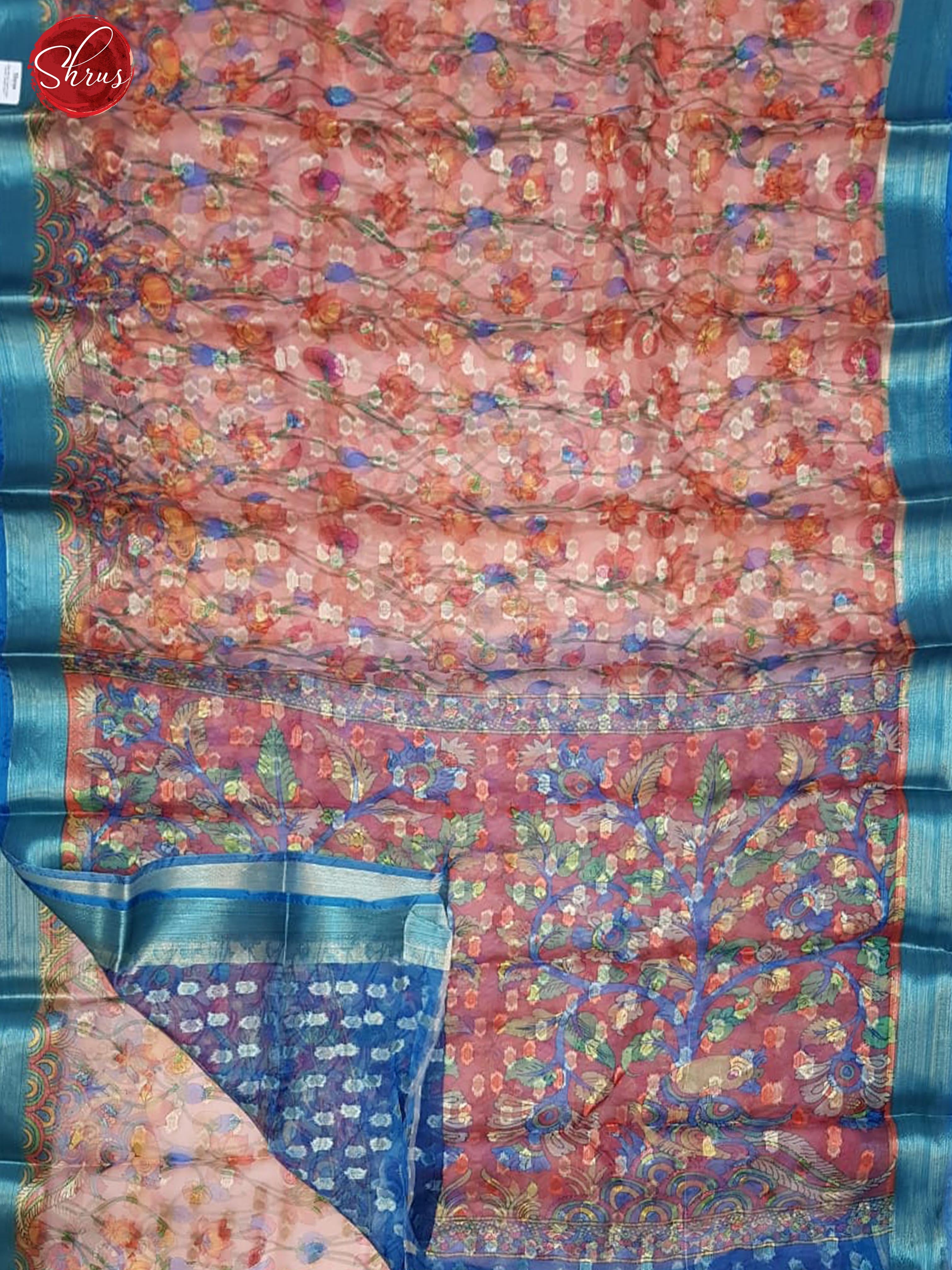 Pink & Blue - Semi Kota with floral print on the body & Contrast Zari Border - Shop on ShrusEternity.com