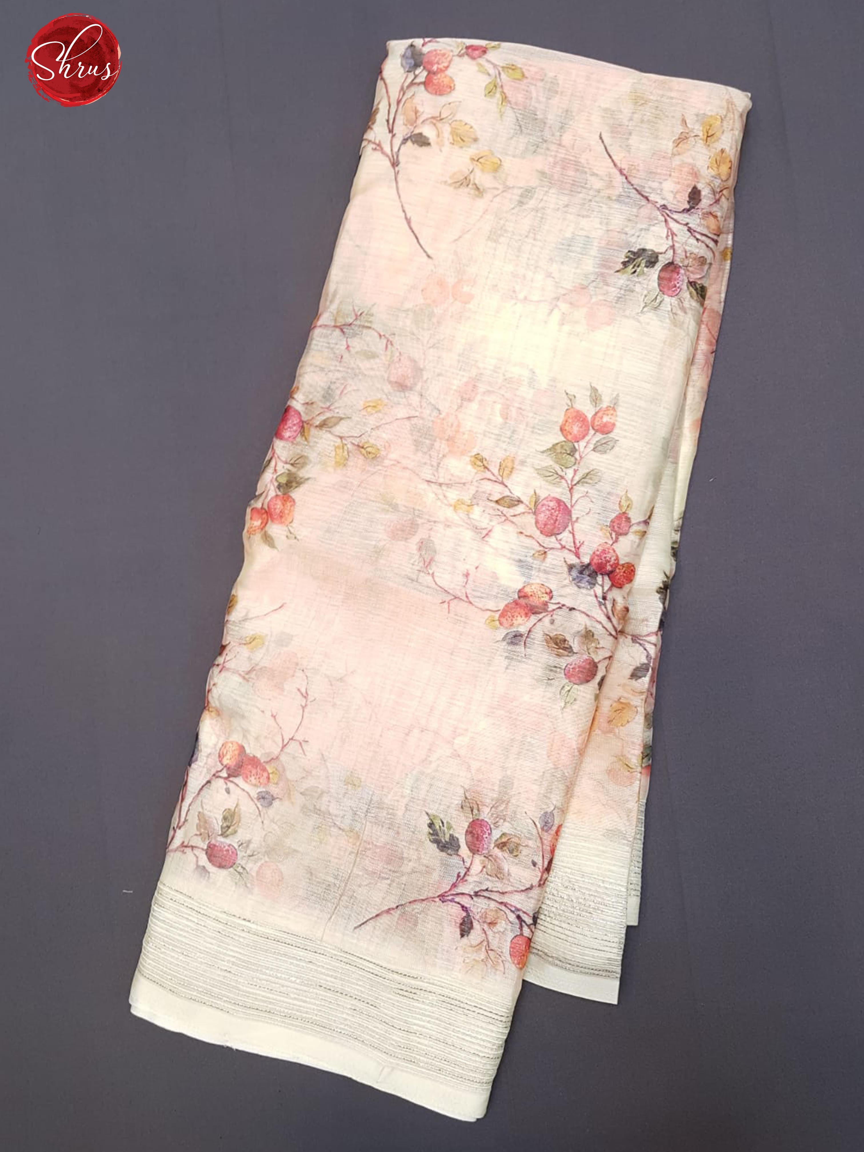Beige(Single Tone)- Art Linen with floral print on the body & Zari Border - Shop on ShrusEternity.com
