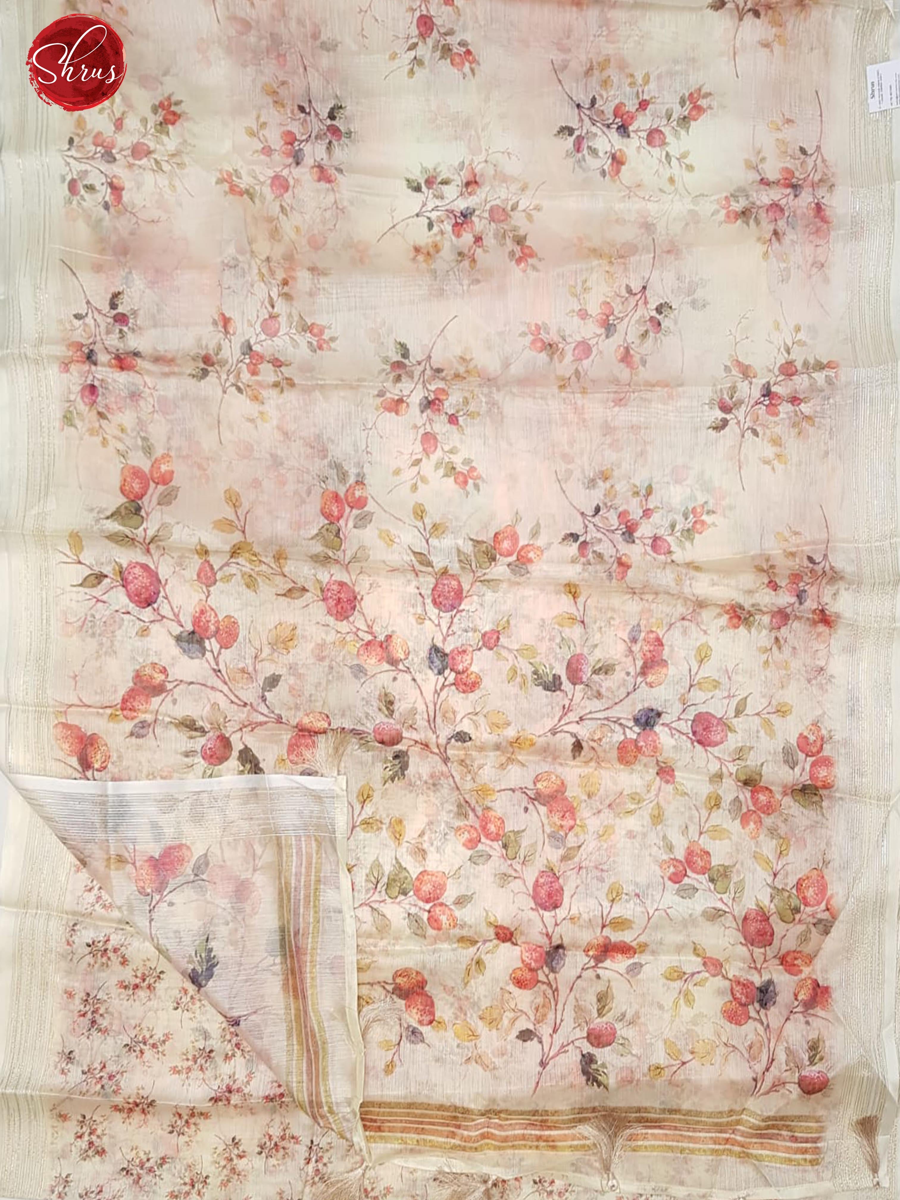 Beige(Single Tone)- Art Linen with floral print on the body & Zari Border - Shop on ShrusEternity.com