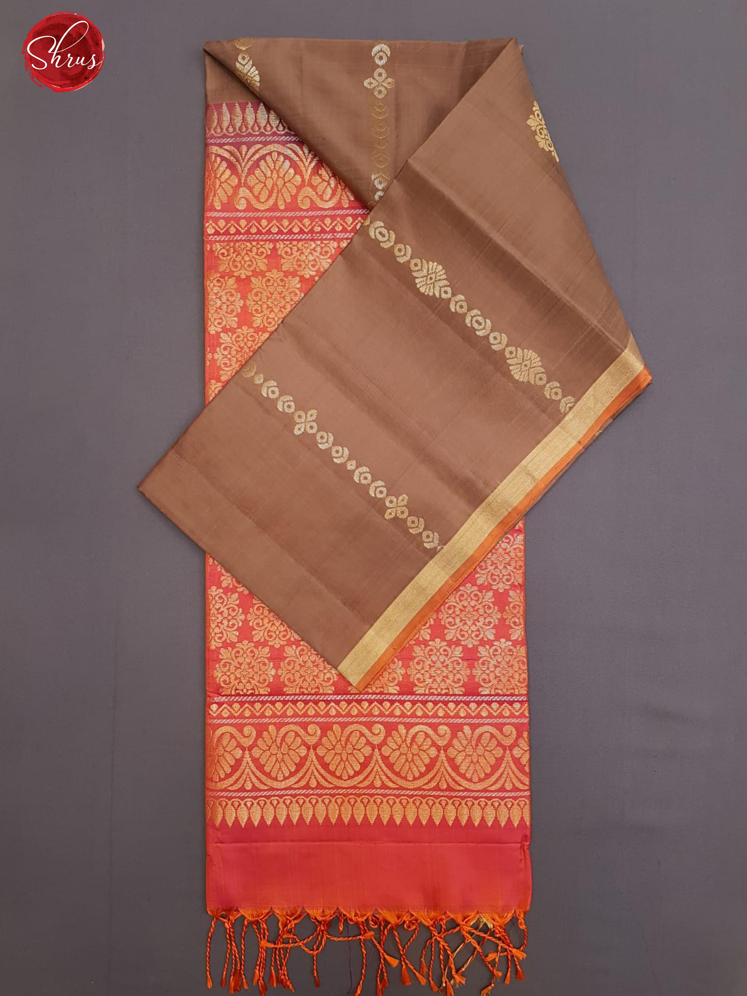 Light Brown & Orangish Pink - Borderless Soft Silk with zari woven floral buttas stripes on the body - Shop on ShrusEternity.com