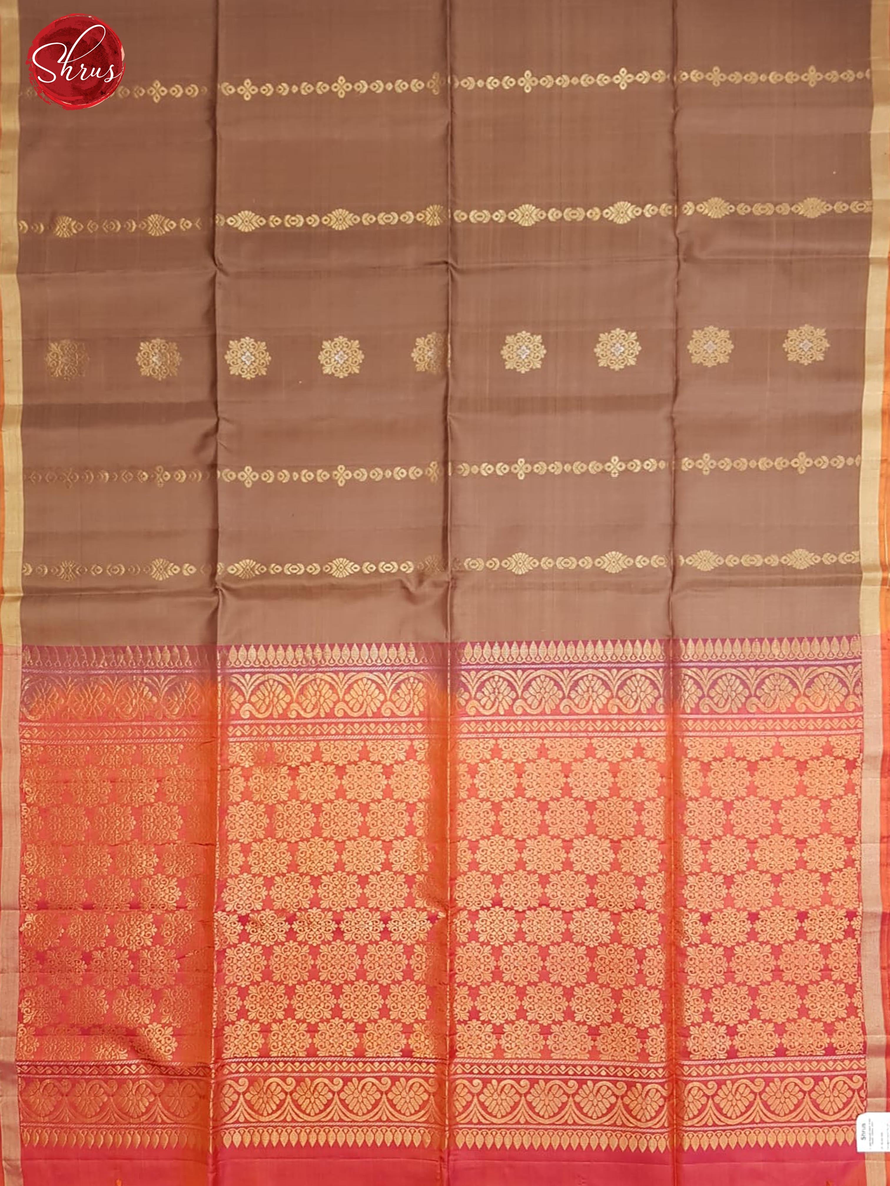 Light Brown & Orangish Pink - Borderless Soft Silk with zari woven floral buttas stripes on the body - Shop on ShrusEternity.com