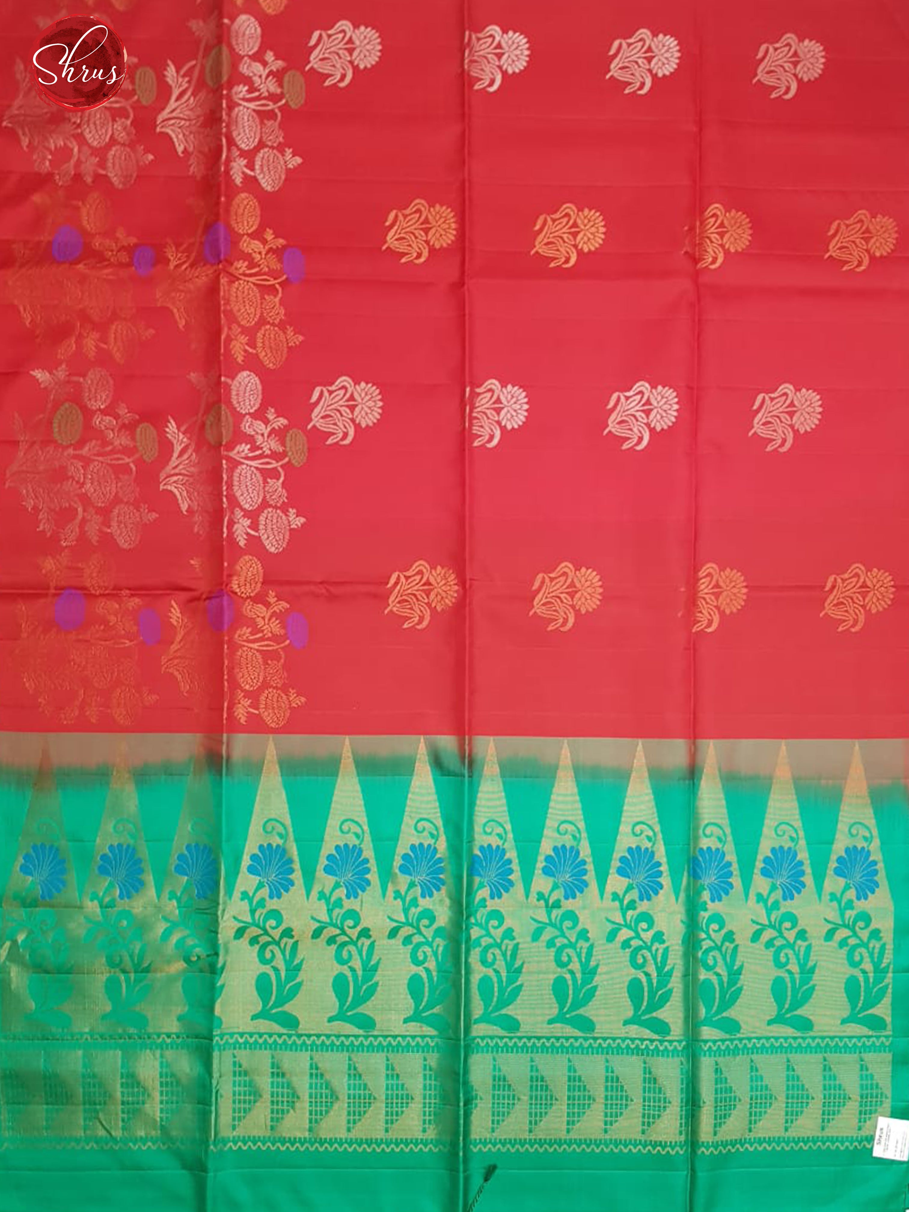 Red &  Green -Soft Silk with gold, silver zari floral motifs on the body & Zari Border - Shop on ShrusEternity.com