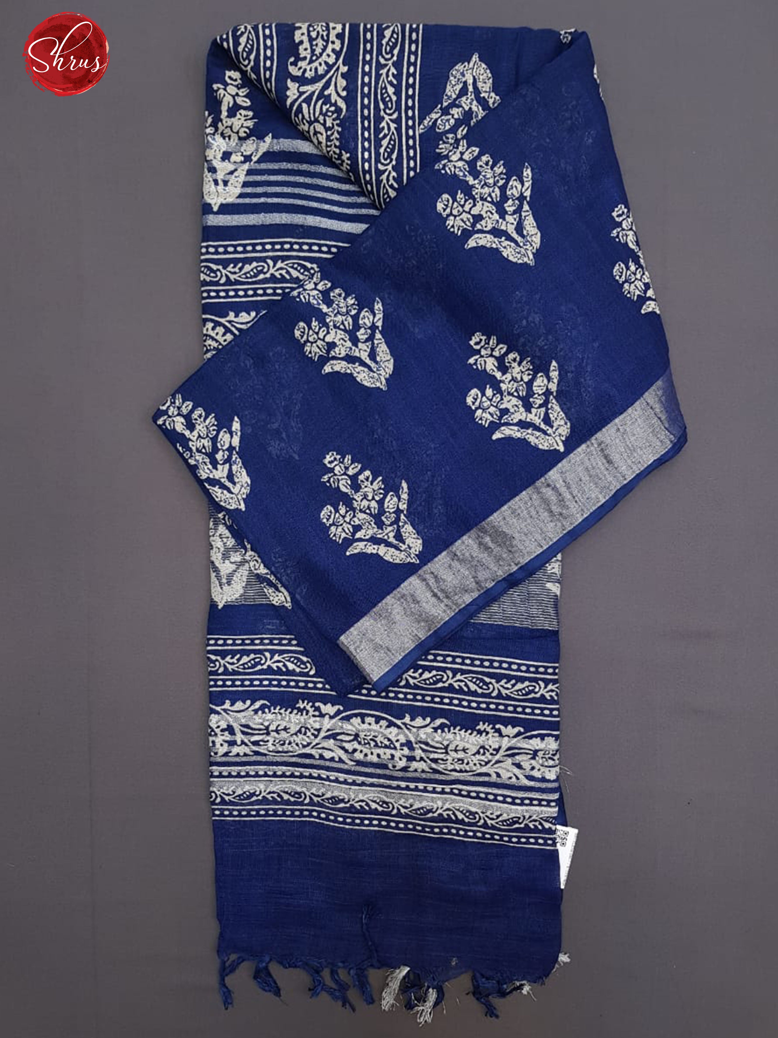 Indigo & White - Linen with floral print on the body & Silver Zari Border - Shop on ShrusEternity.com